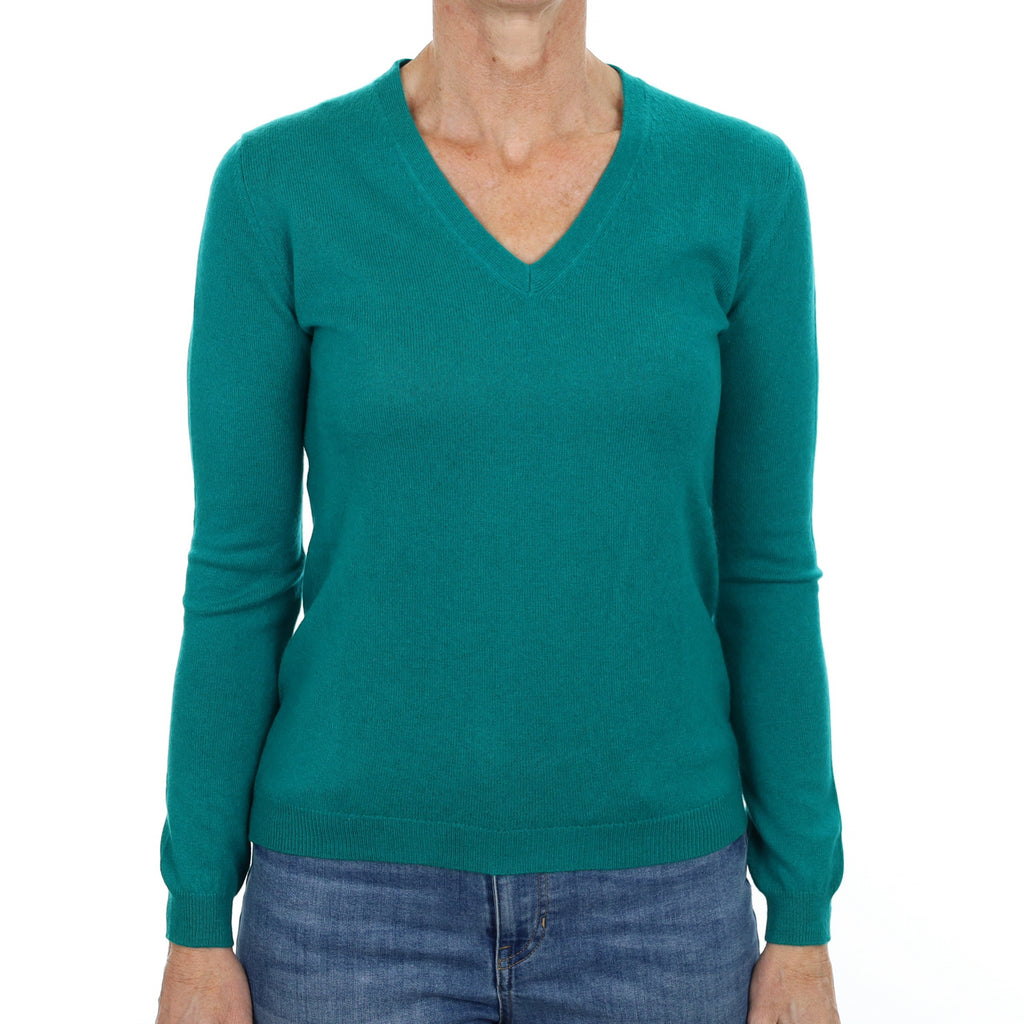 Teal Green Cashmere V Neck Jumper Small