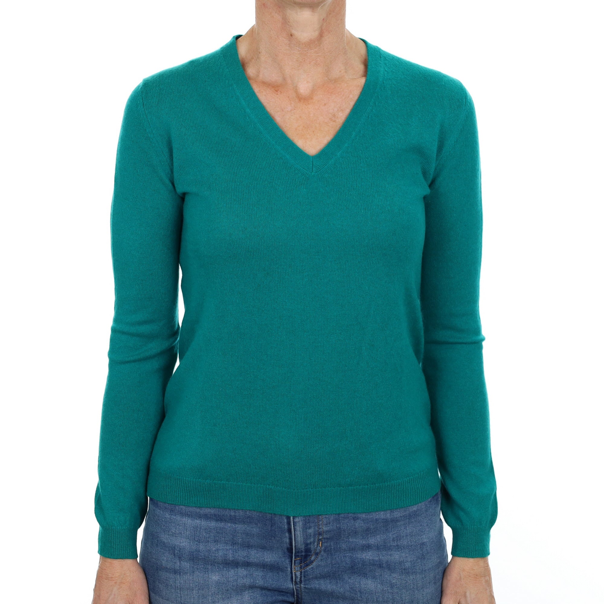 Teal Green Cashmere V Neck Jumper Small