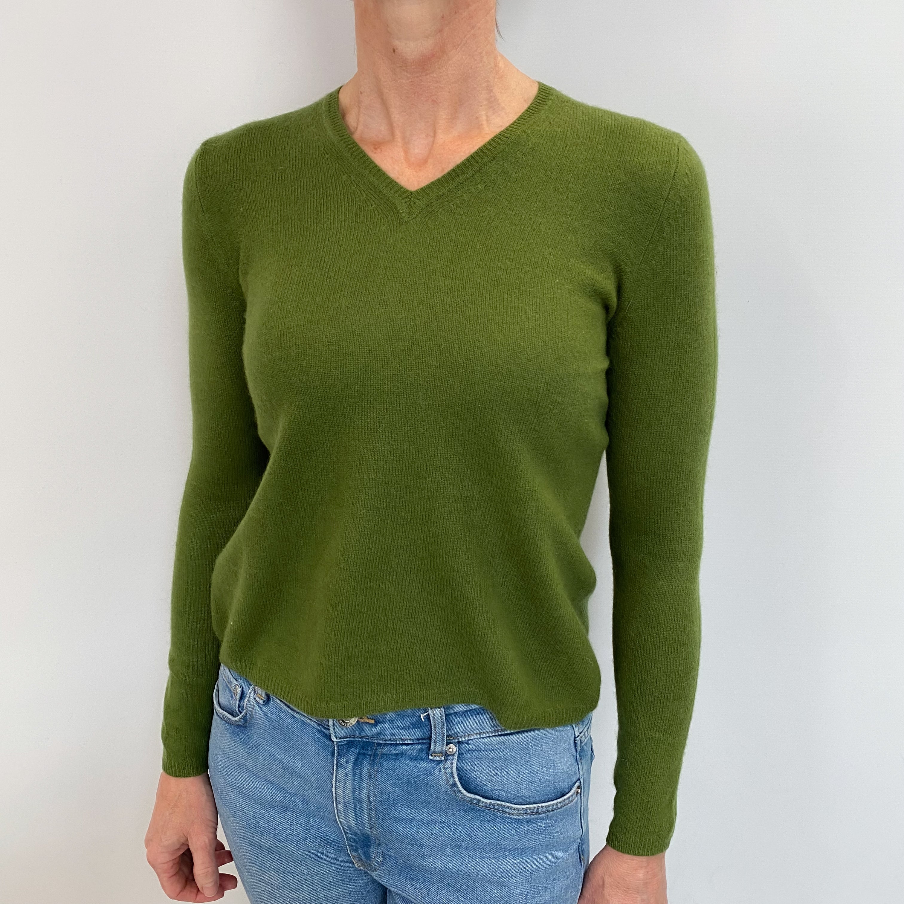 Fern Green Cashmere V Neck Jumper Small