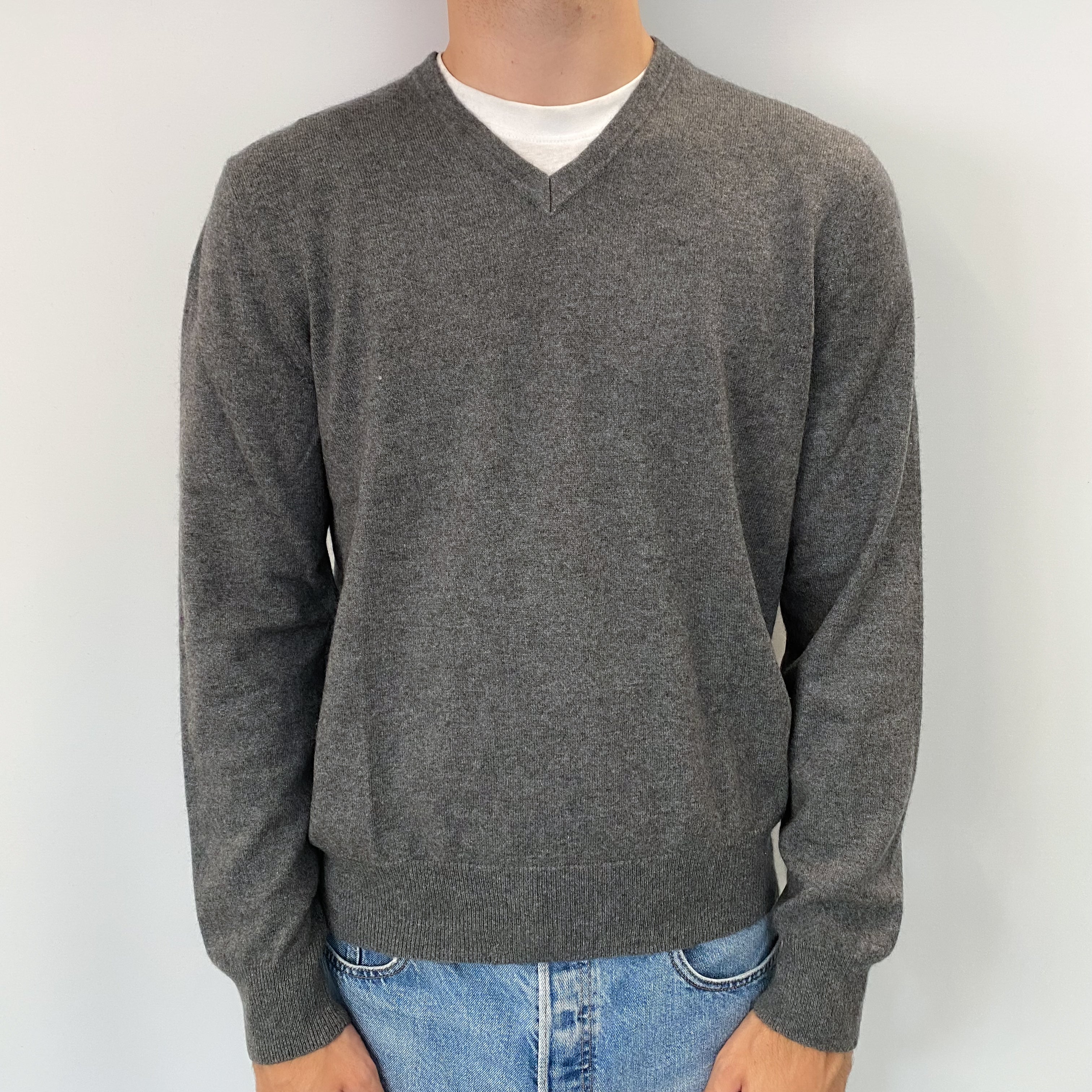 Men's Slate Grey Cashmere V Neck Jumper Large