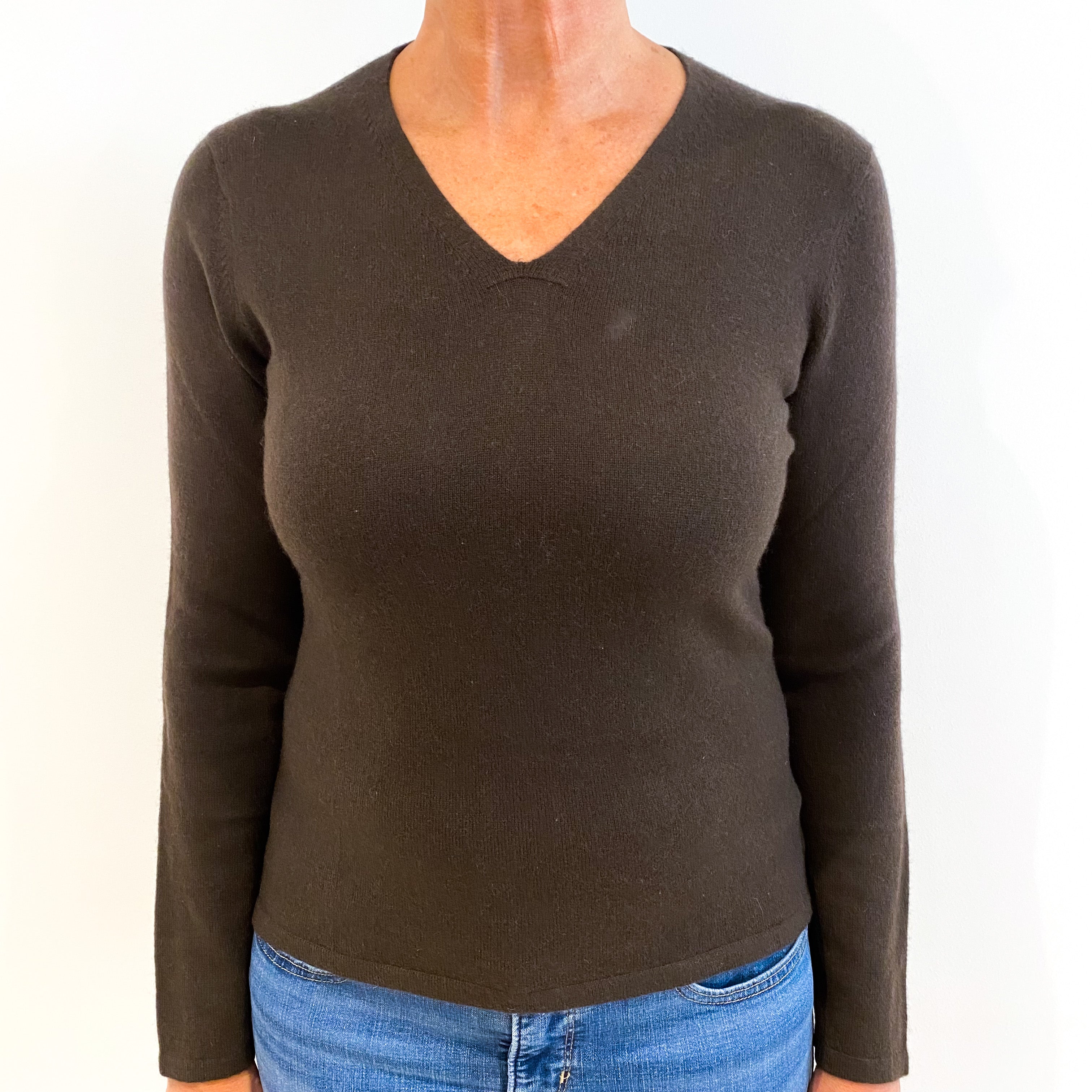 Chocolate Brown Cashmere V-Neck Jumper Medium