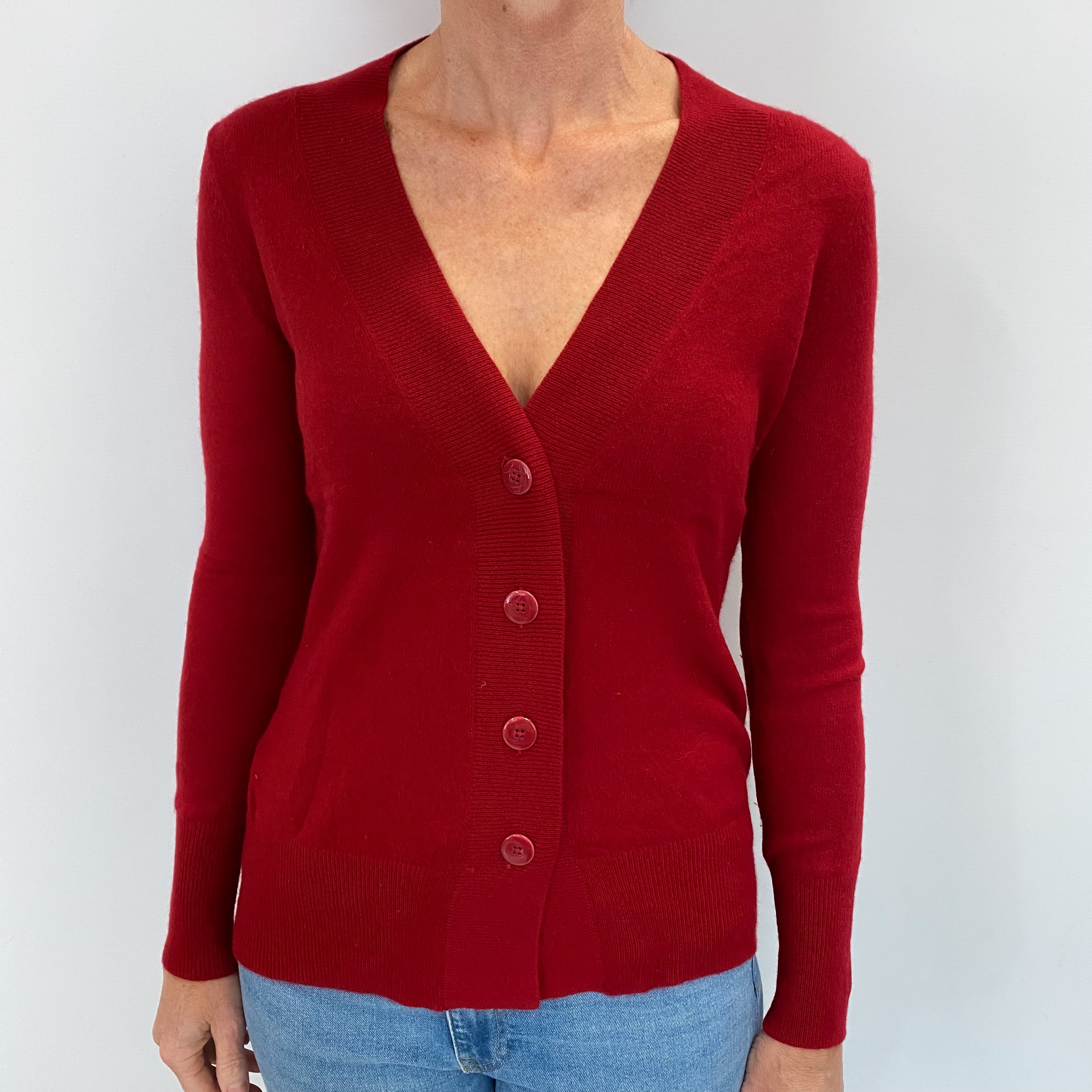 Post Box Red Cashmere V Neck Cardigan Small