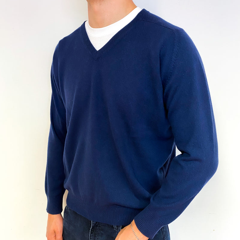Men's Dark Navy Blue Cashmere V-Neck Jumper Extra Extra Large
