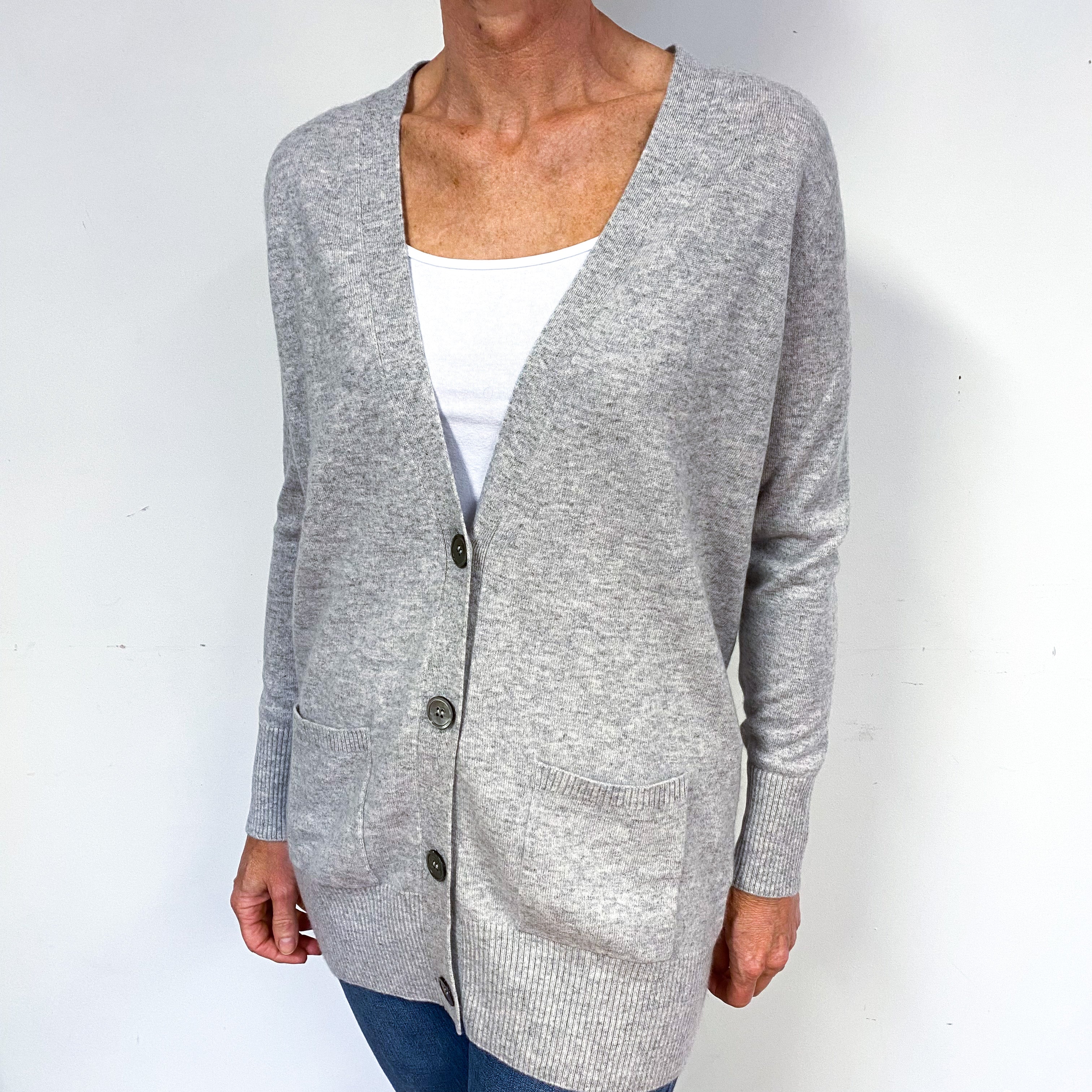 Smoke Grey Longline Cashmere V-Neck Cardigan Medium