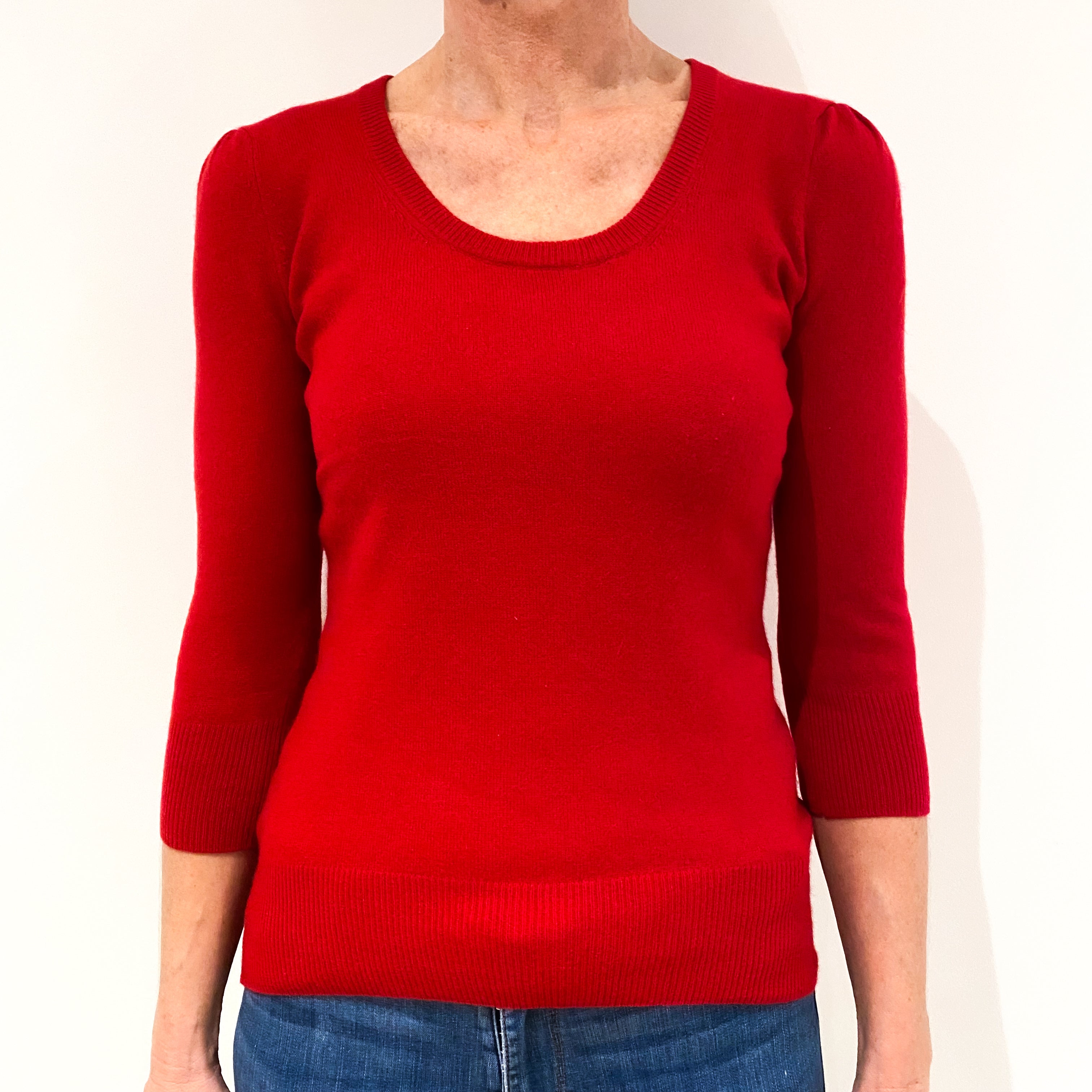 Scarlet Red 3/4 Sleeved Cashmere Crew Neck Jumper Small