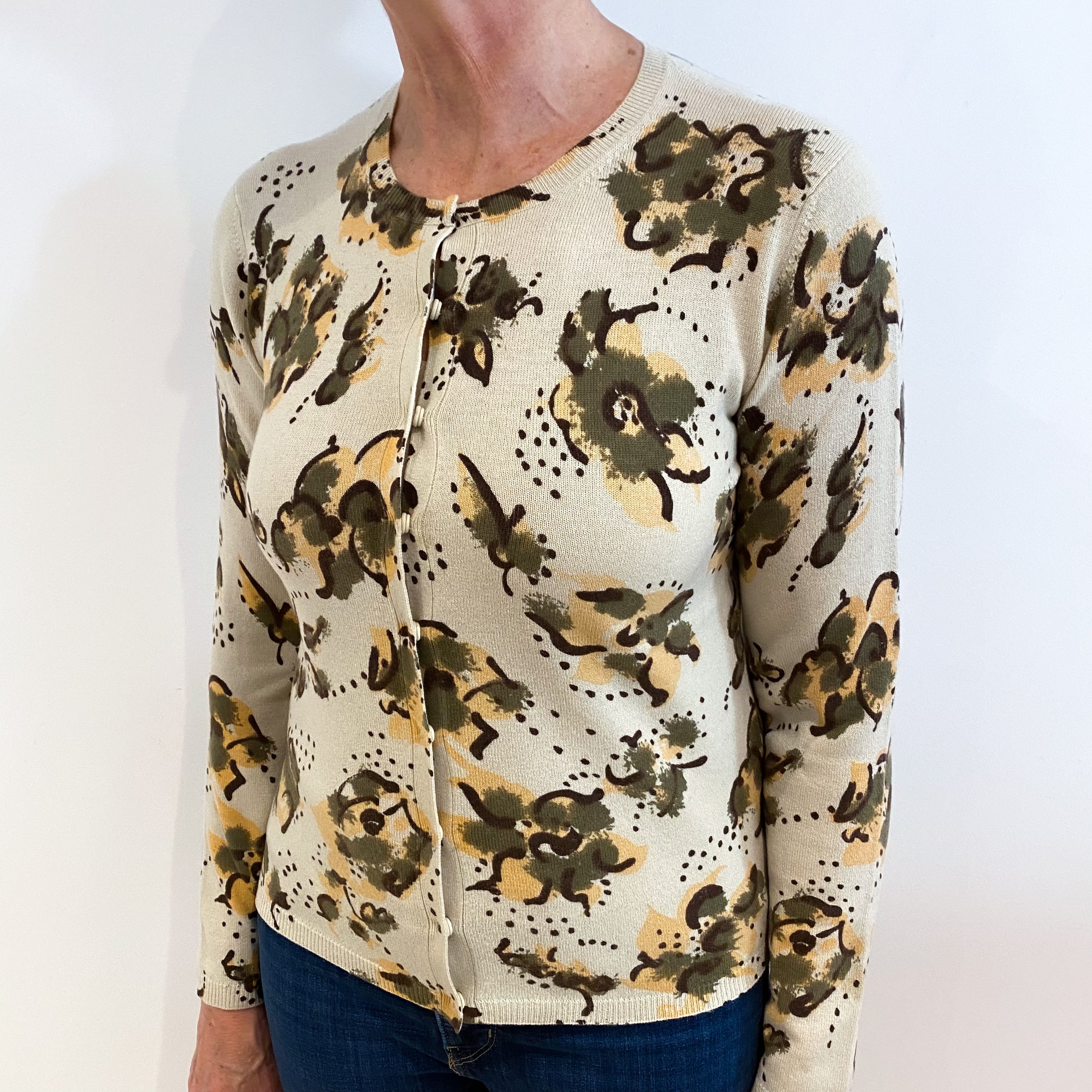 Oatmeal Beige Floral Print Cashmere Crew Neck Cardigan Medium
