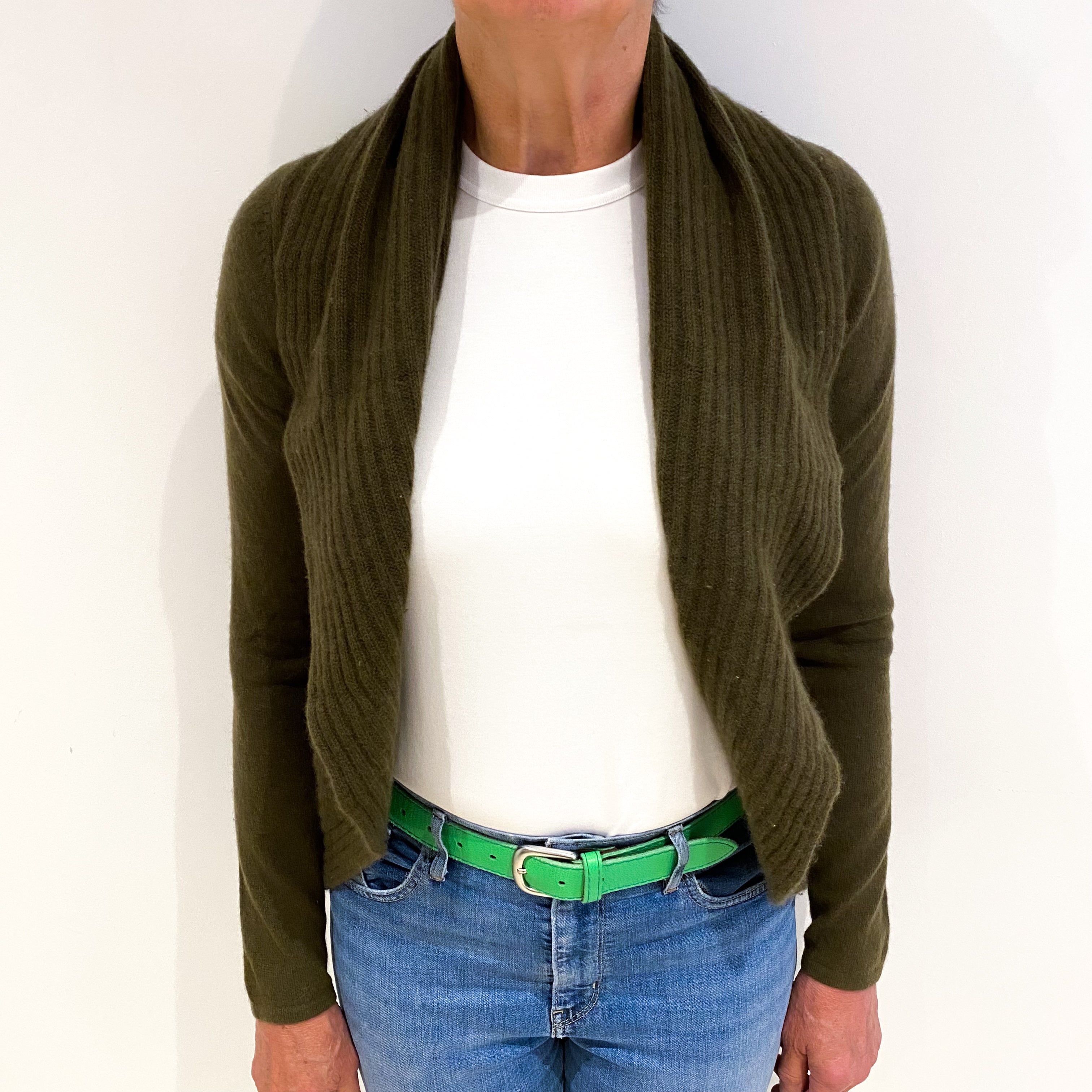 Khaki Green Cashmere Edge To Edge Cardigan Medium