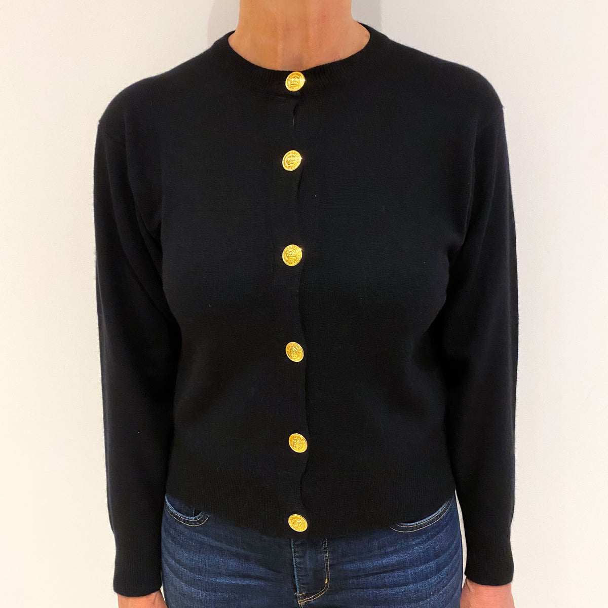 Black Cashmere Crew Neck Cardigan Medium