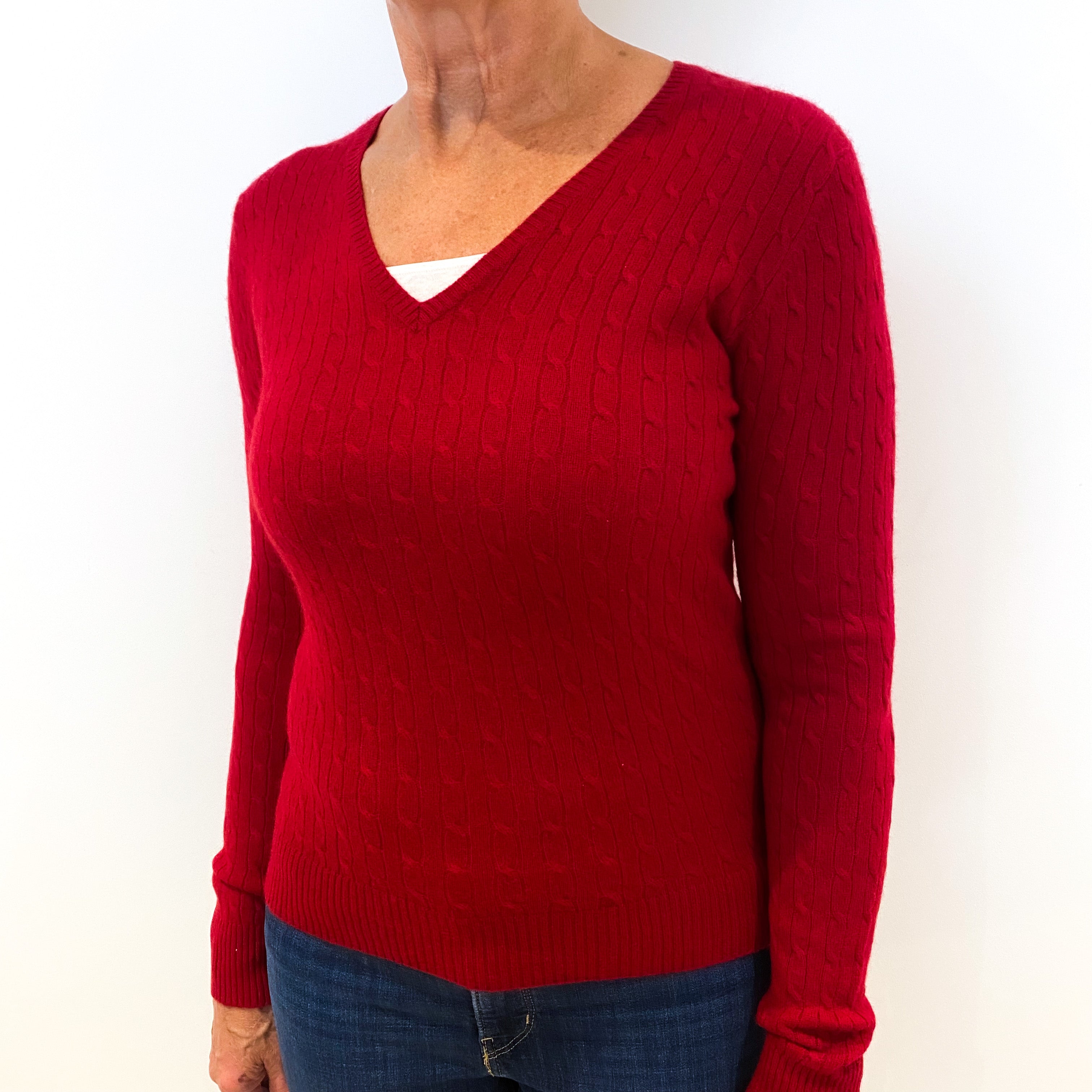 Scarlet Red Cable Knit Cashmere V-Neck Jumper Medium