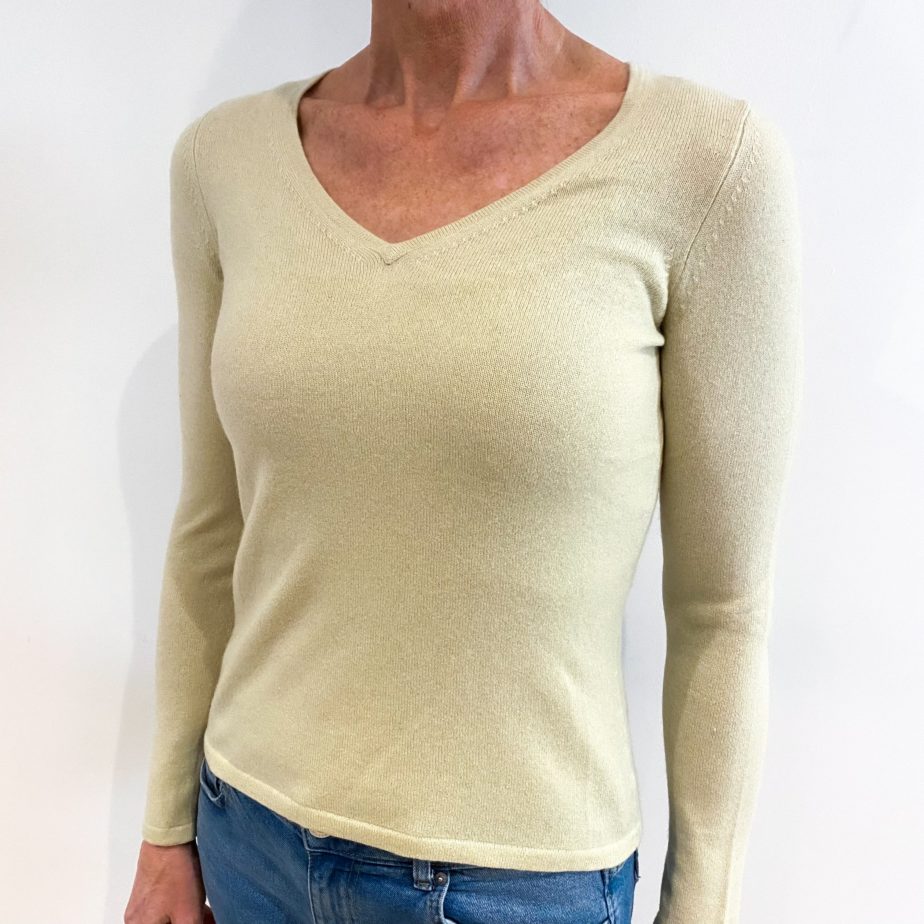 Pistachio Green Cashmere V Neck Jumper Small