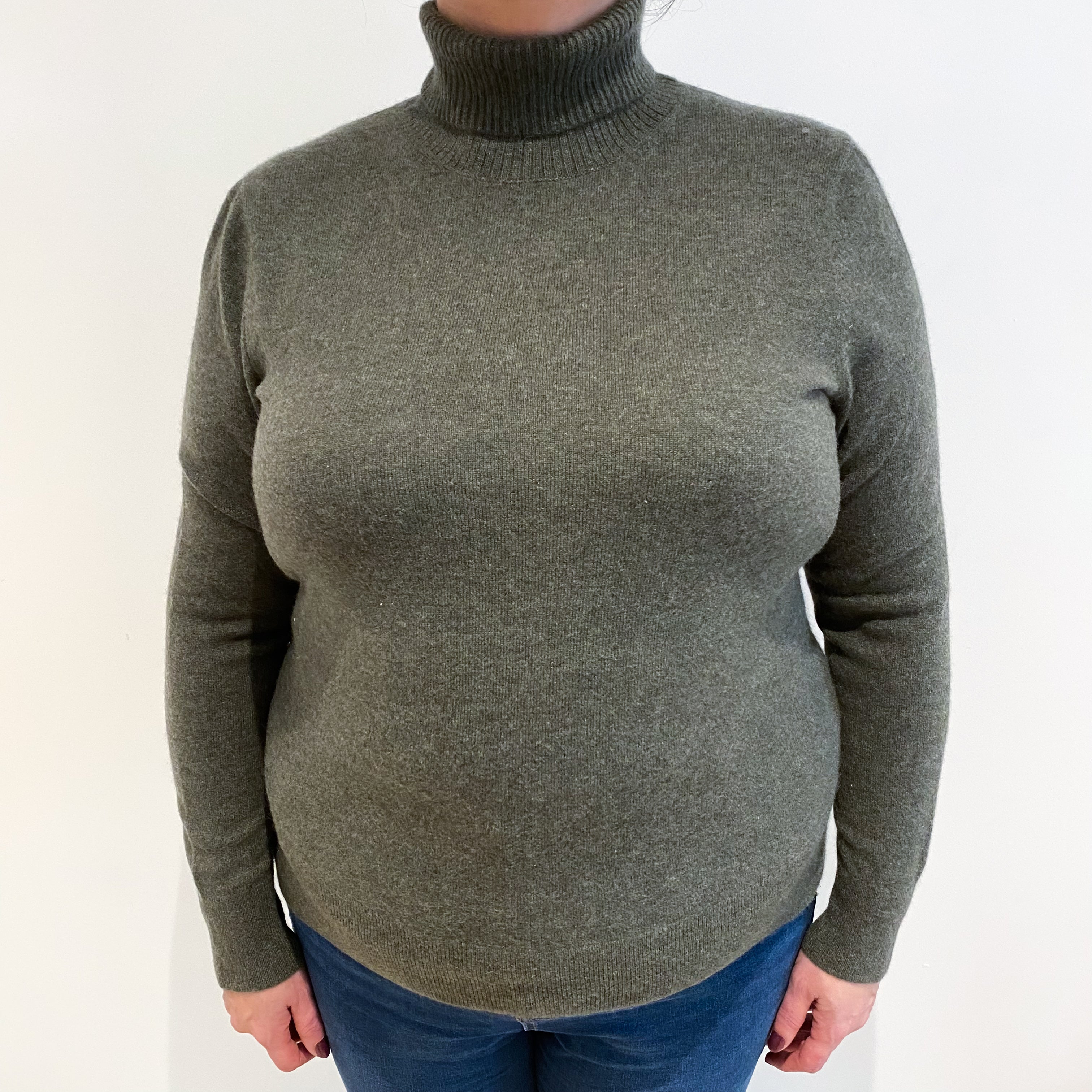 Khaki Green Cashmere Polo Neck Jumper Extra Large