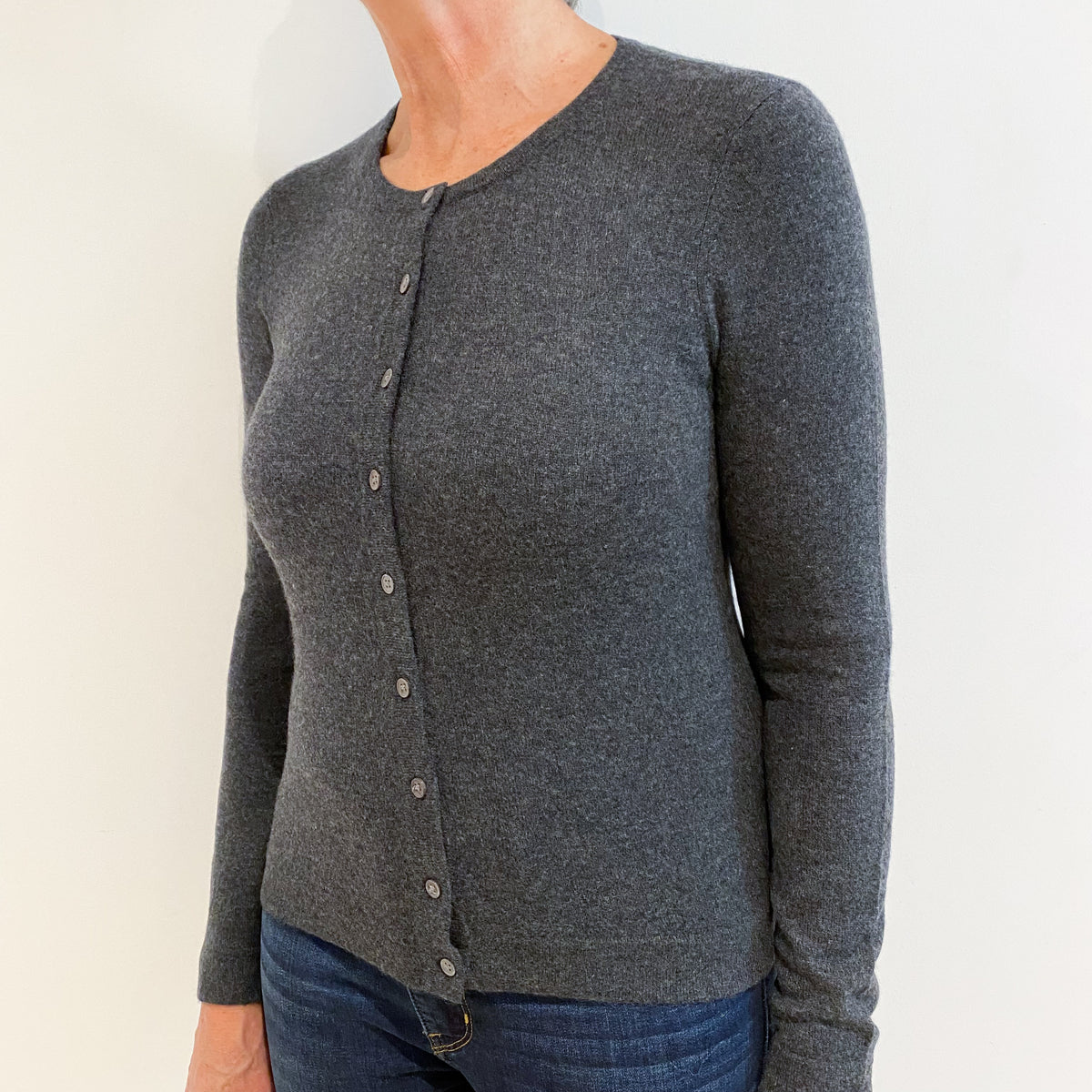 Dark Slate Grey Cashmere Crew Neck Cardigan Medium