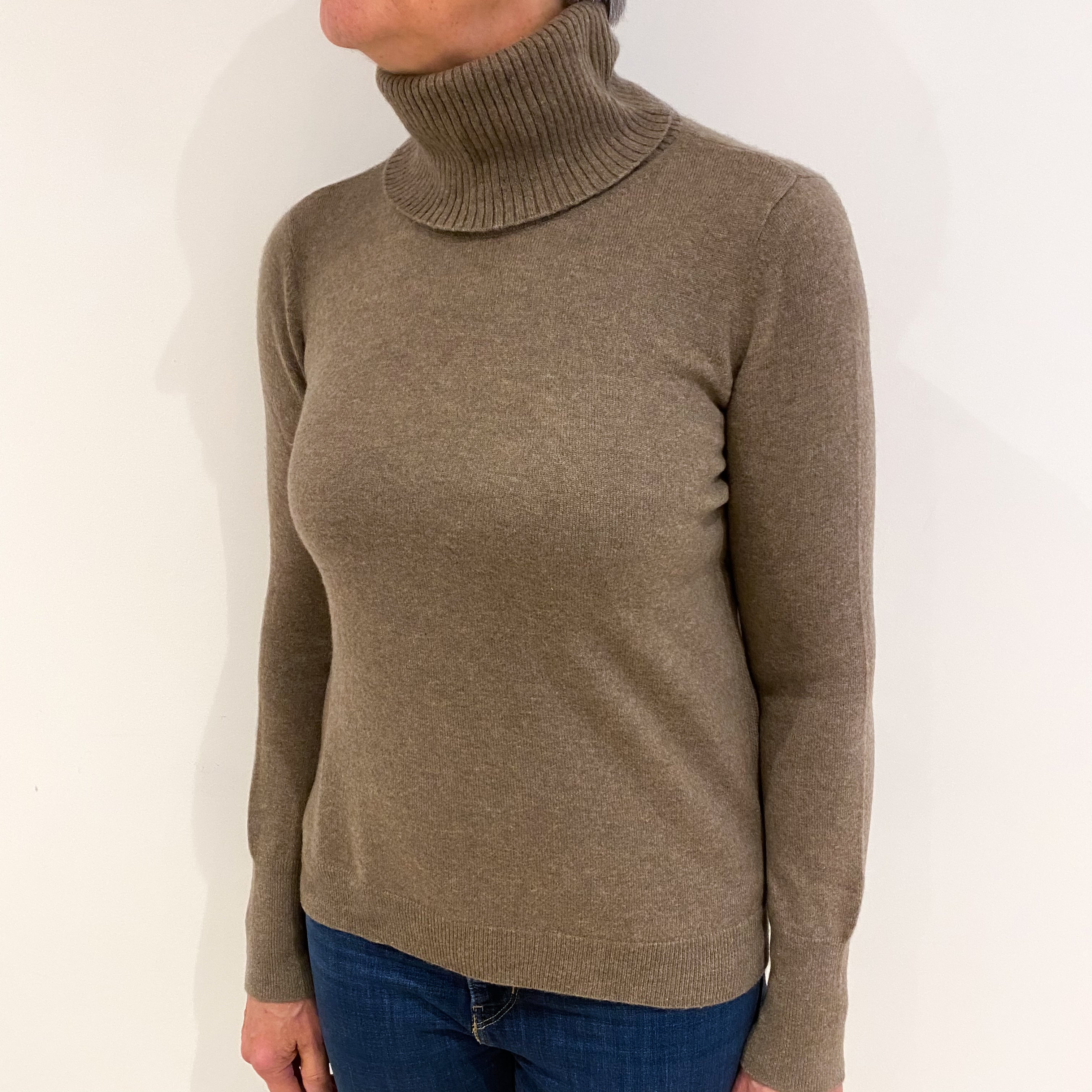 Mocha Brown Cashmere Polo Neck Jumper Medium