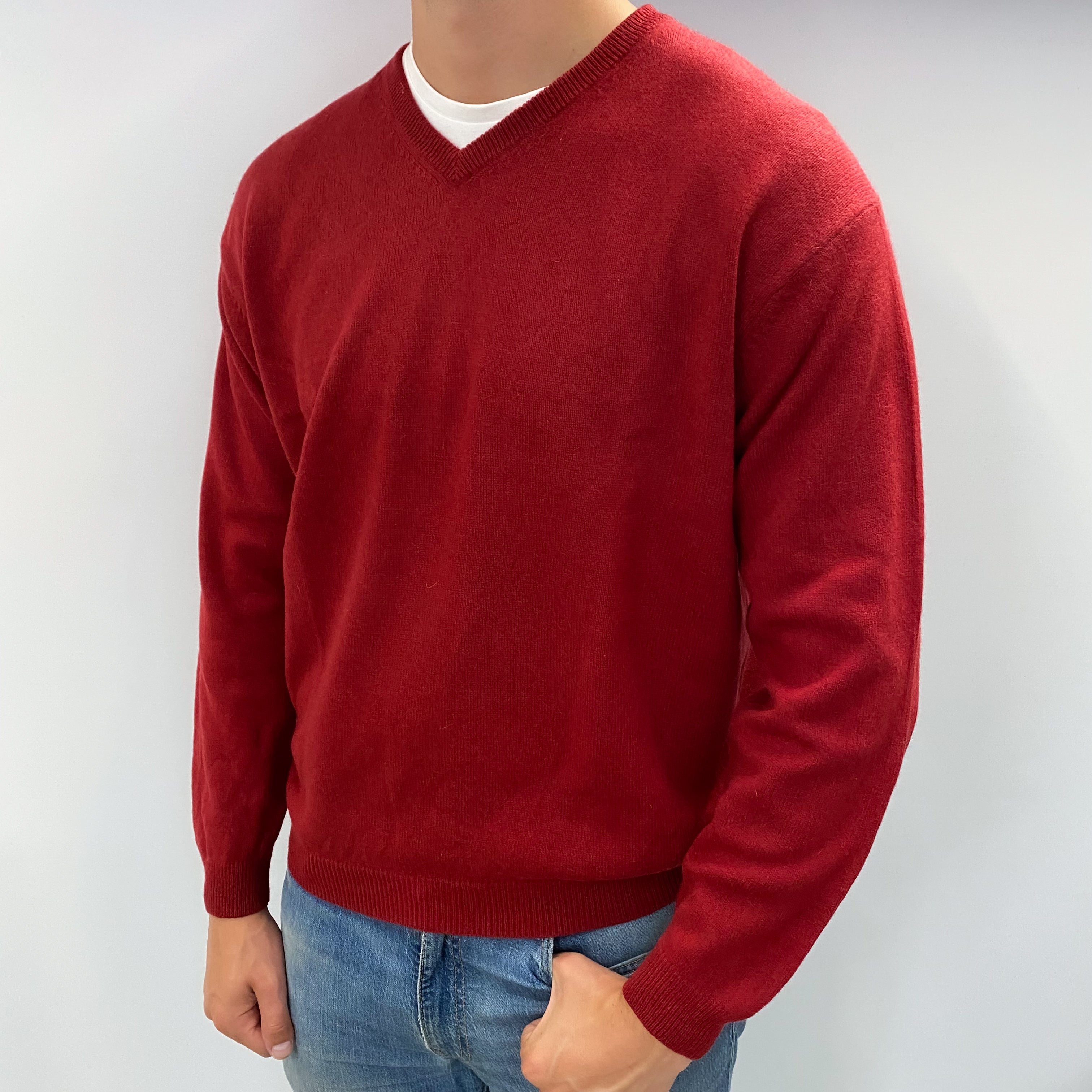 Men's Crimson Red Cashmere V Neck Jumper XL