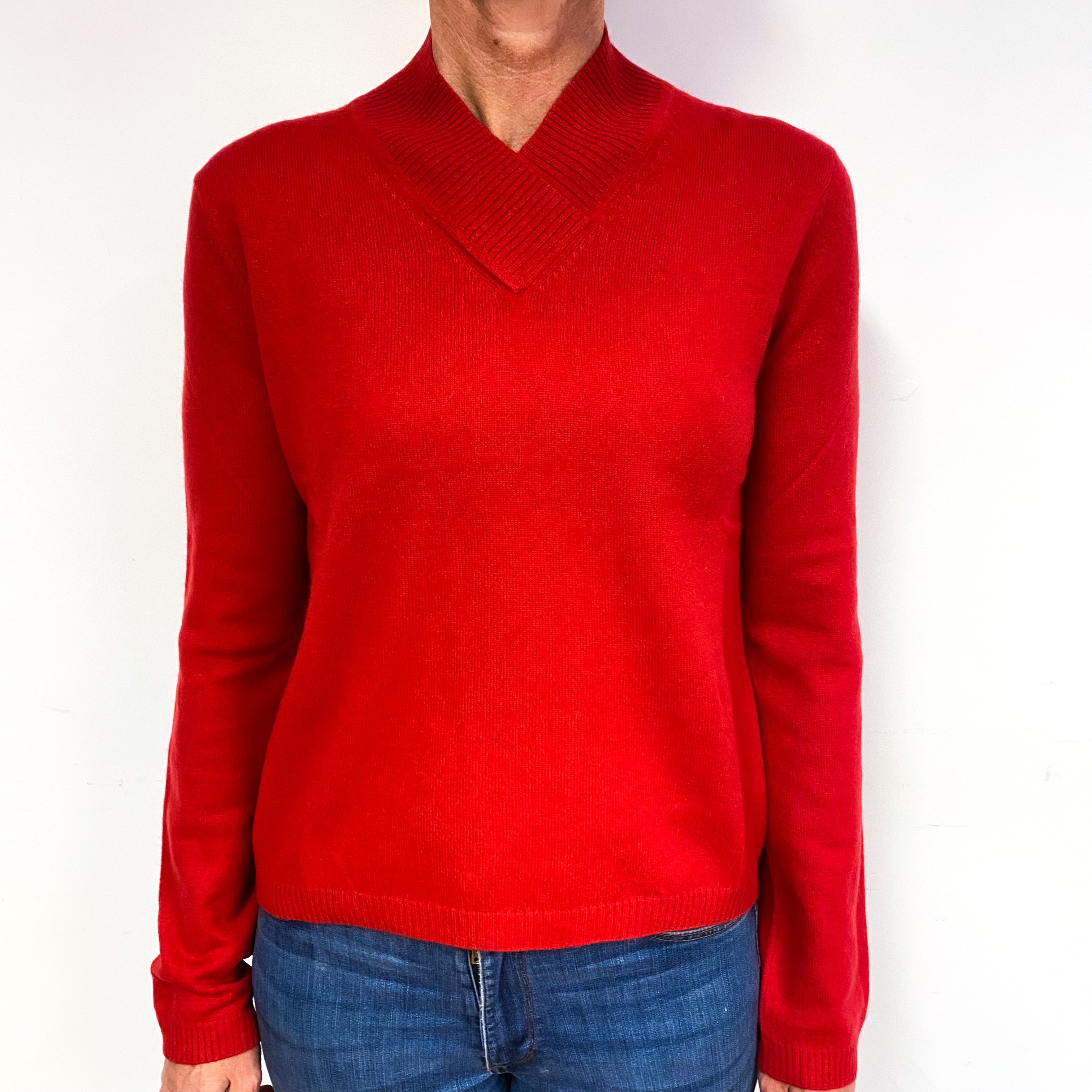 Post Box Red Cashmere Crossover V-Neck Jumper Medium