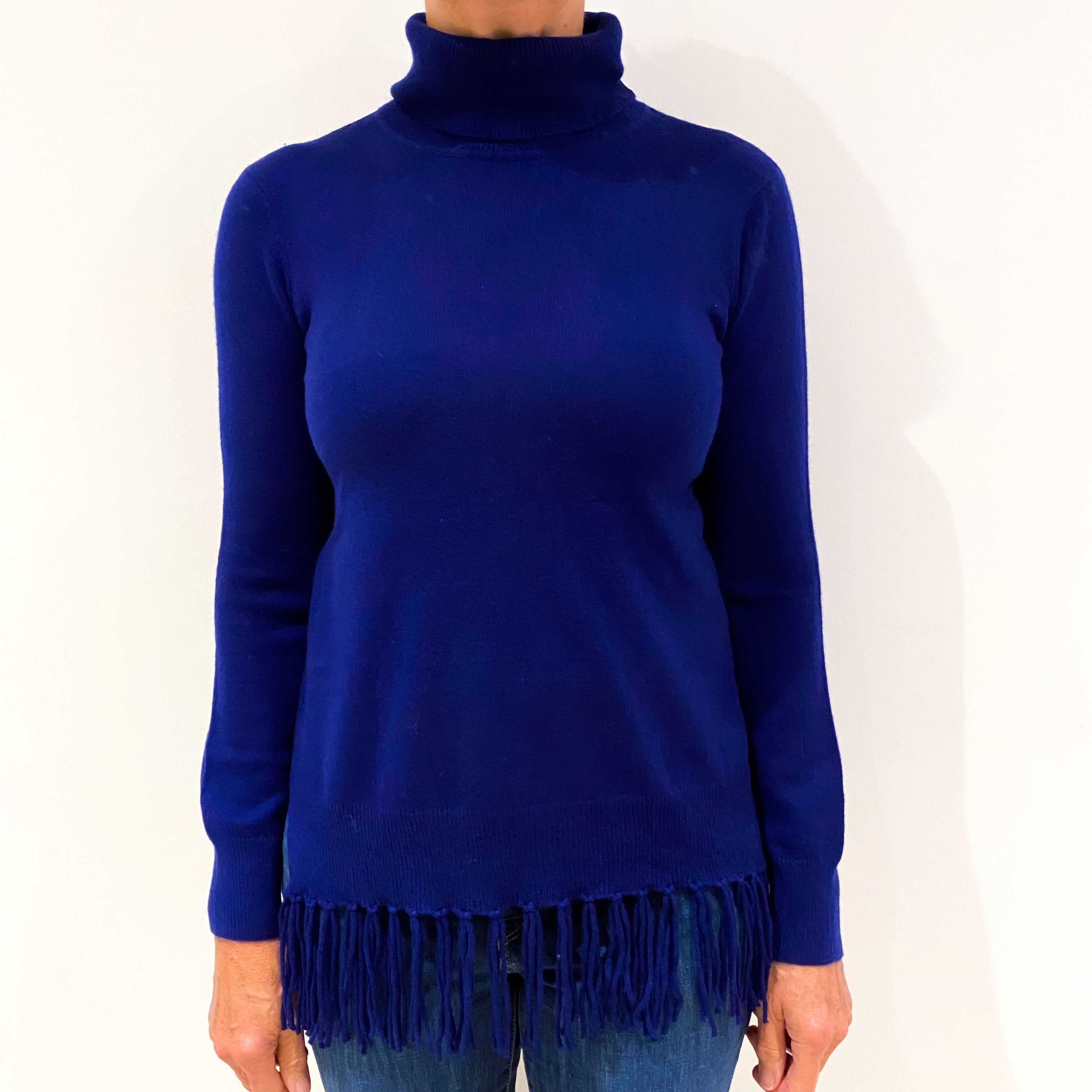 French Navy Tassel Hem Cashmere Polo Neck Jumper Medium