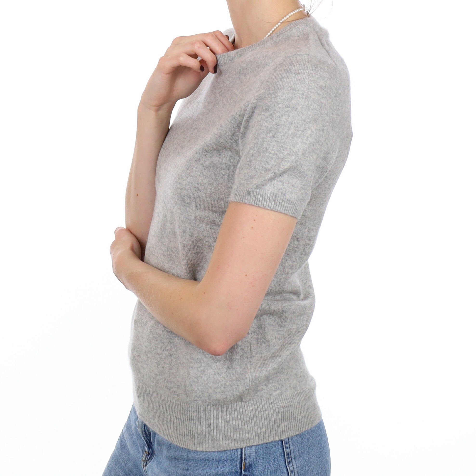 Smoke Grey Cashmere Short Sleeve Crew Neck Jumper Small