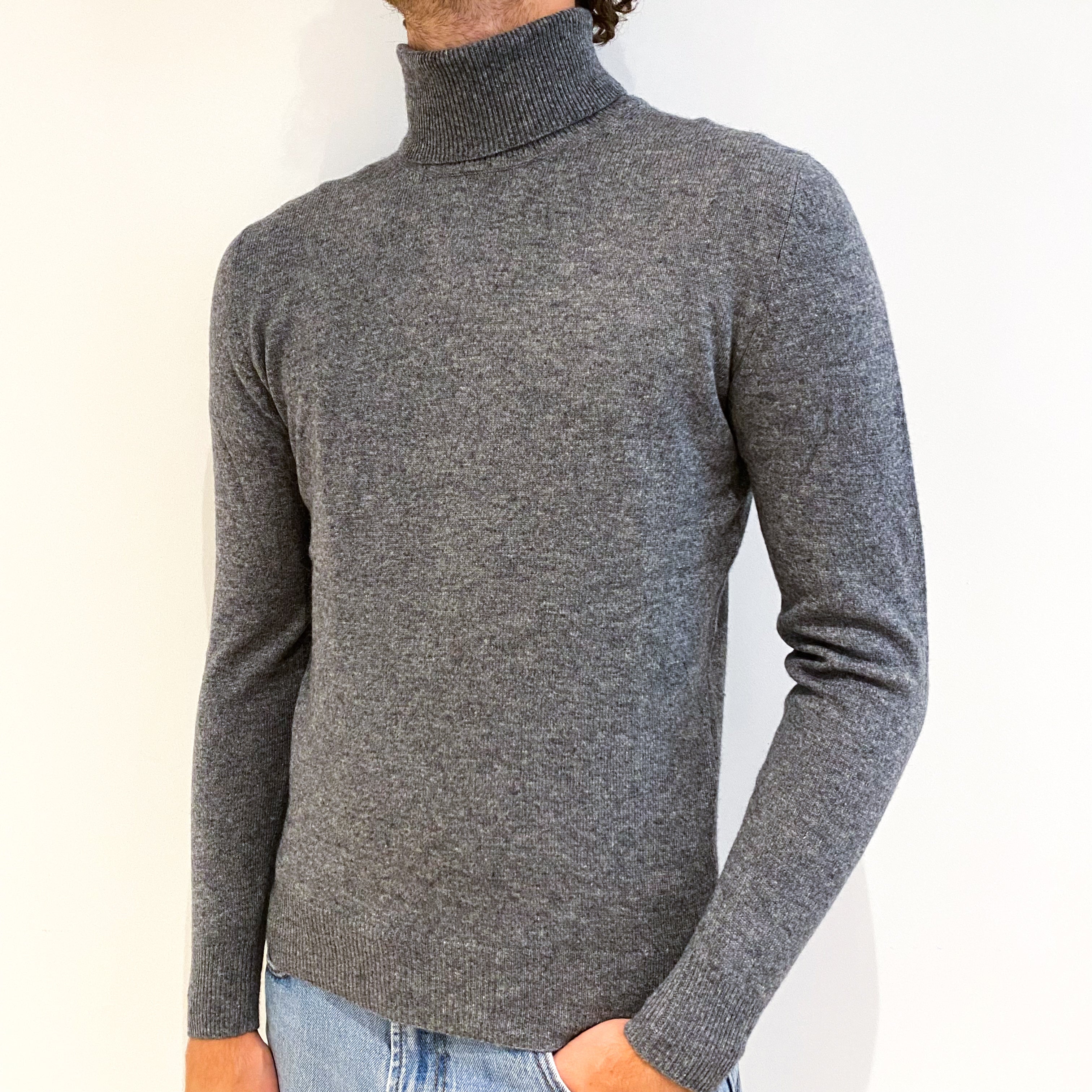 Men's Ash Grey Cashmere Polo Neck Jumper Medium