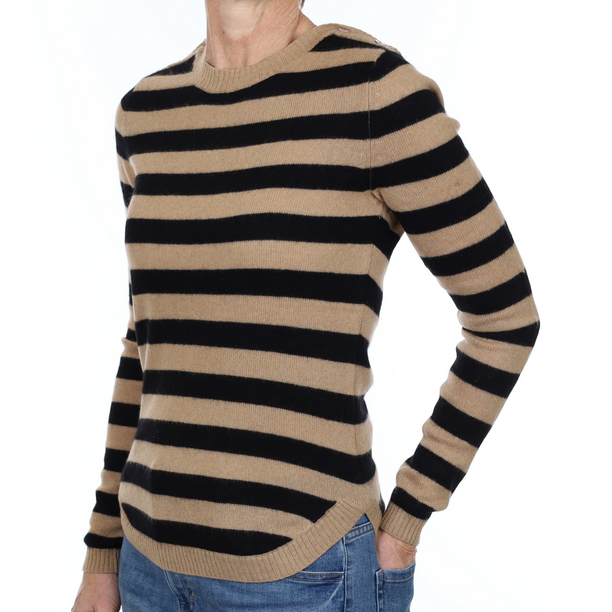 Camel and Black Stripe Cashmere Crew Neck Jumper Small