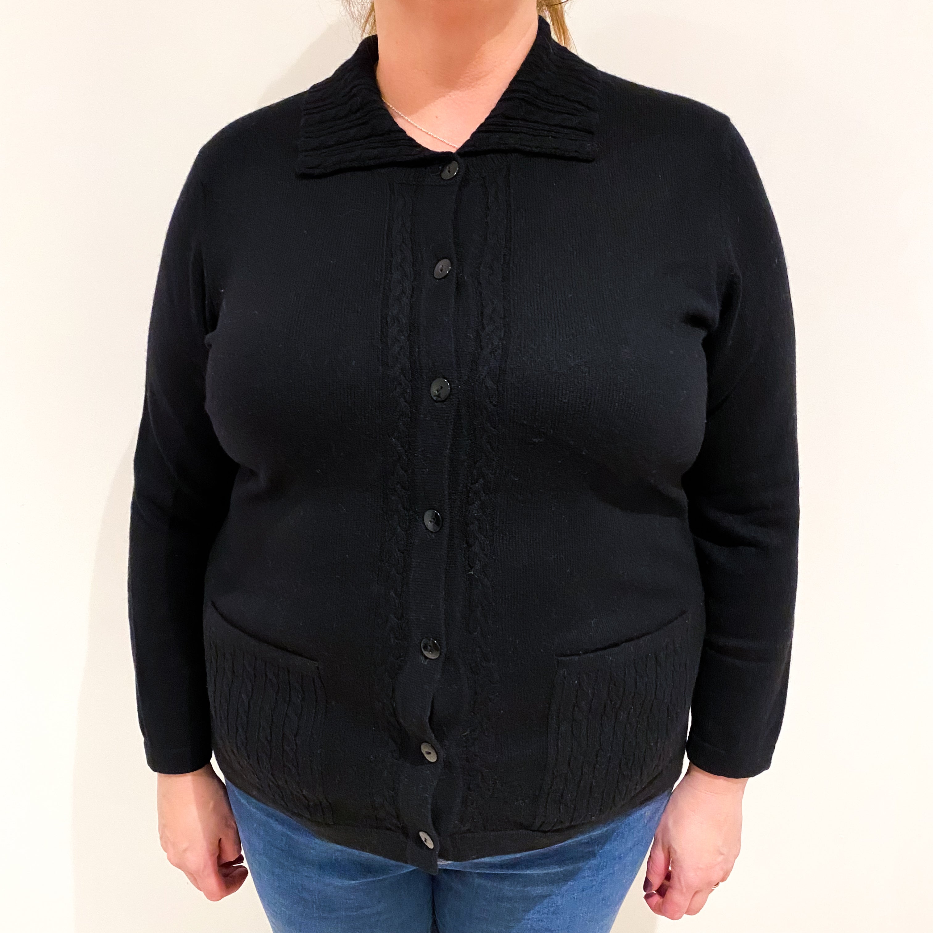 Black Cashmere Collared Cardigan with Pockets Extra Large