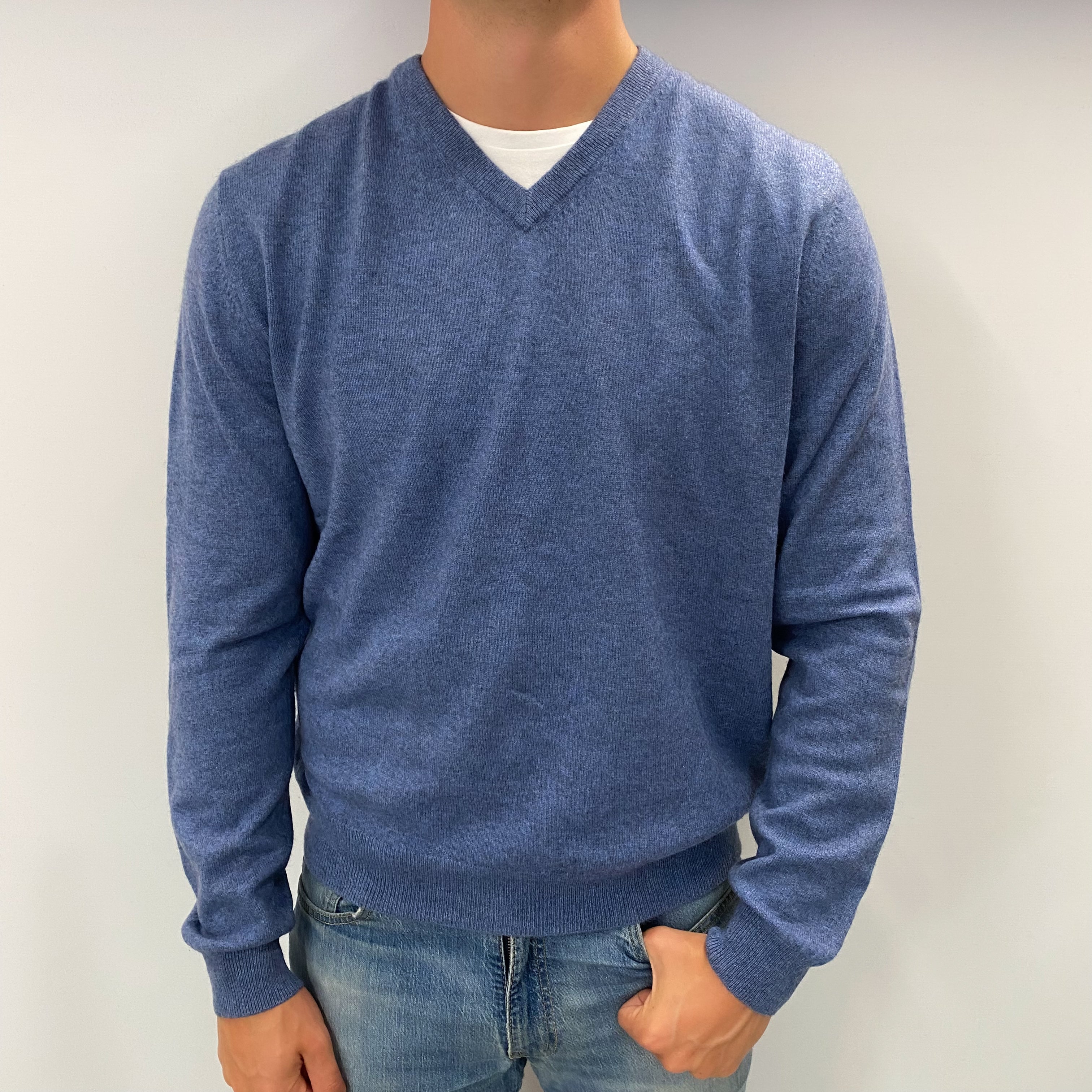 Men's Denim Blue Cashmere V Neck Jumper XL