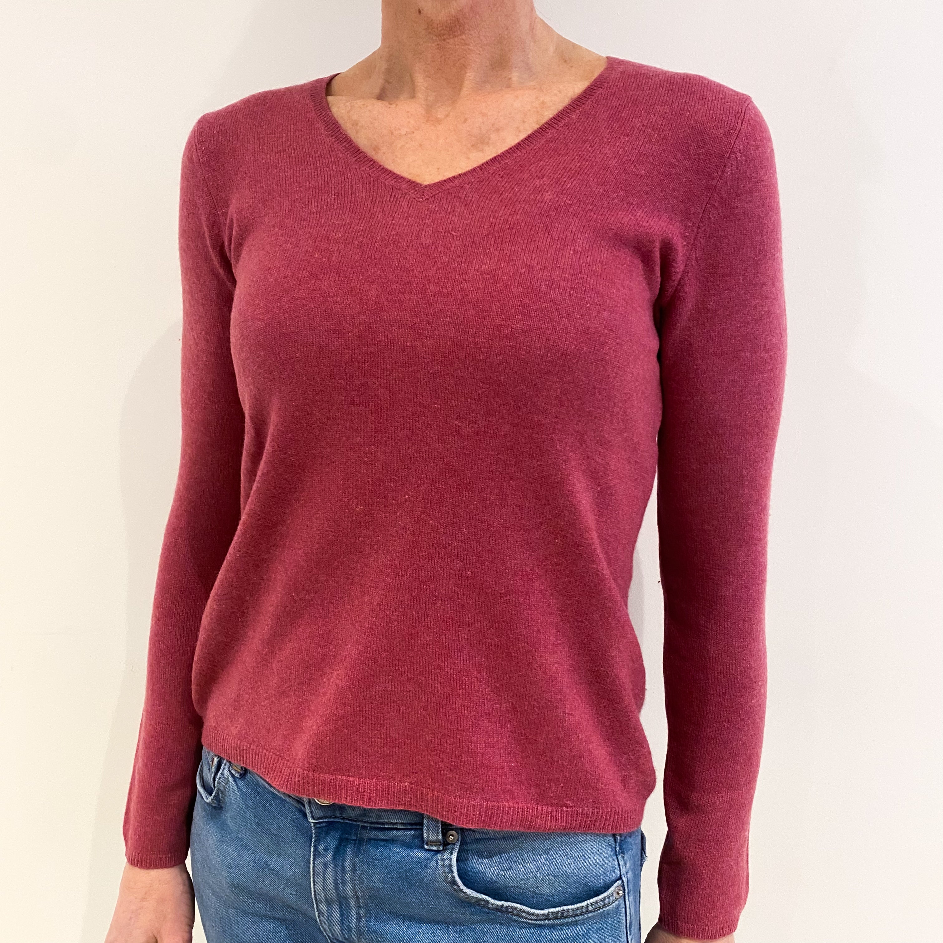 Heather Pink Cashmere V Neck Jumper Small