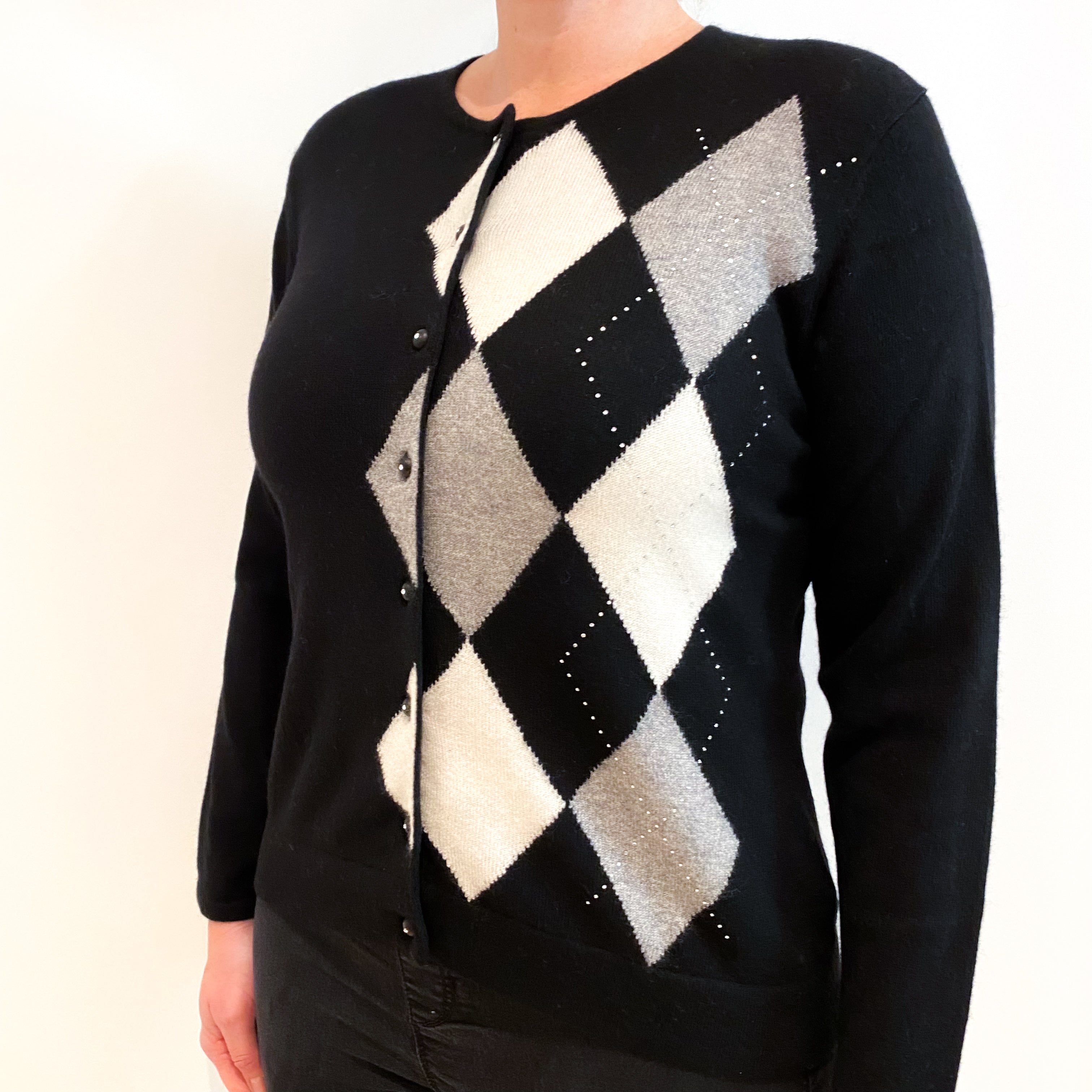 Black Grey Diamond Cashmere Crew Neck Cardigan Large