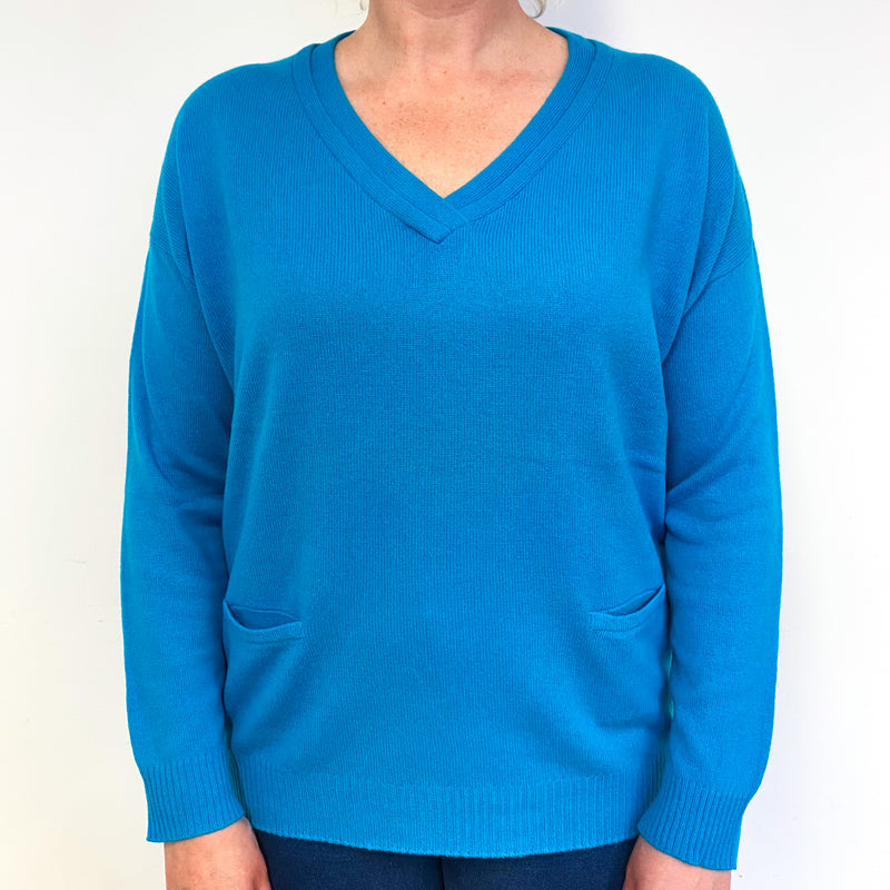 Turquoise Blue Cashmere V-Neck Jumper Large