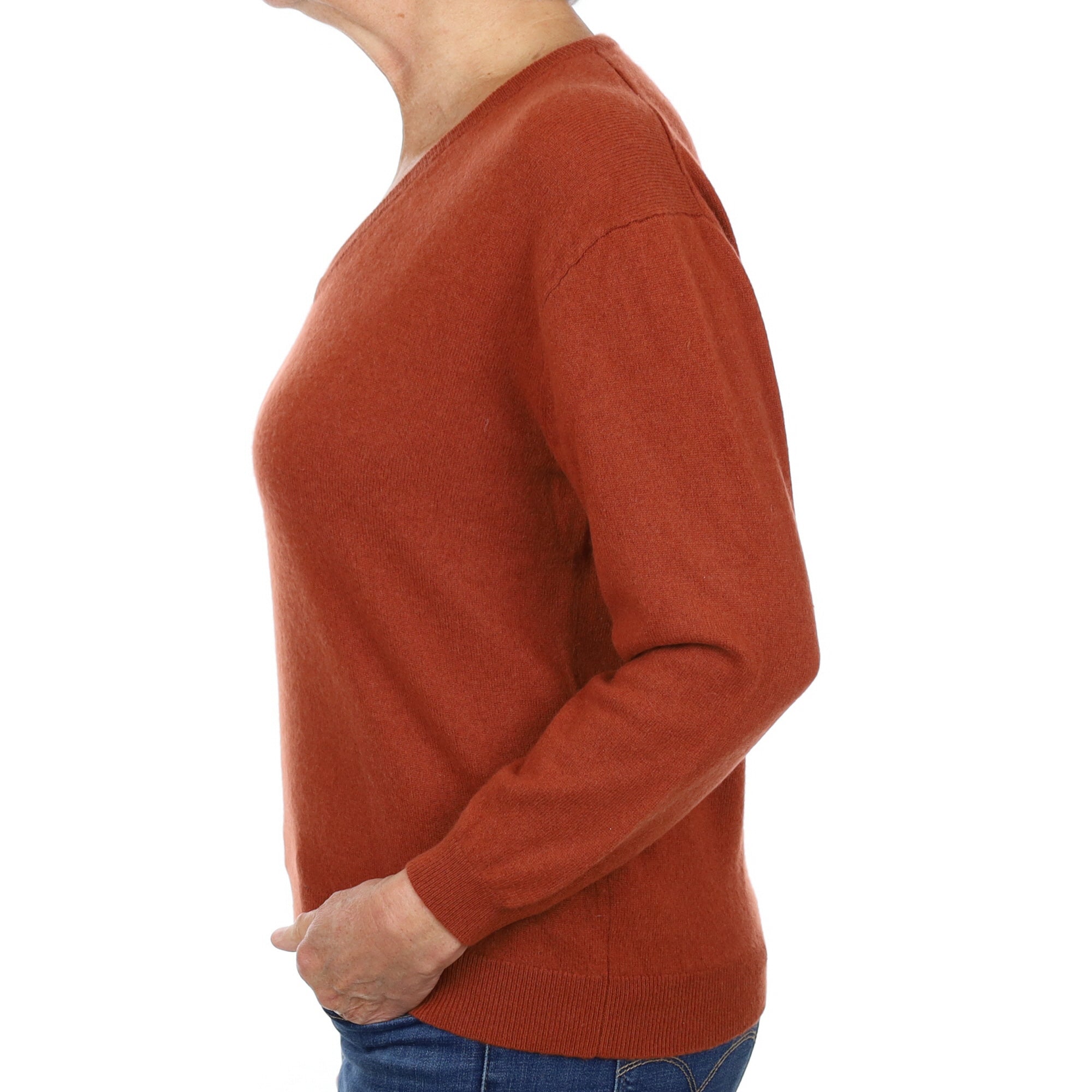 Rust Orange Cashmere V Neck Jumper Medium