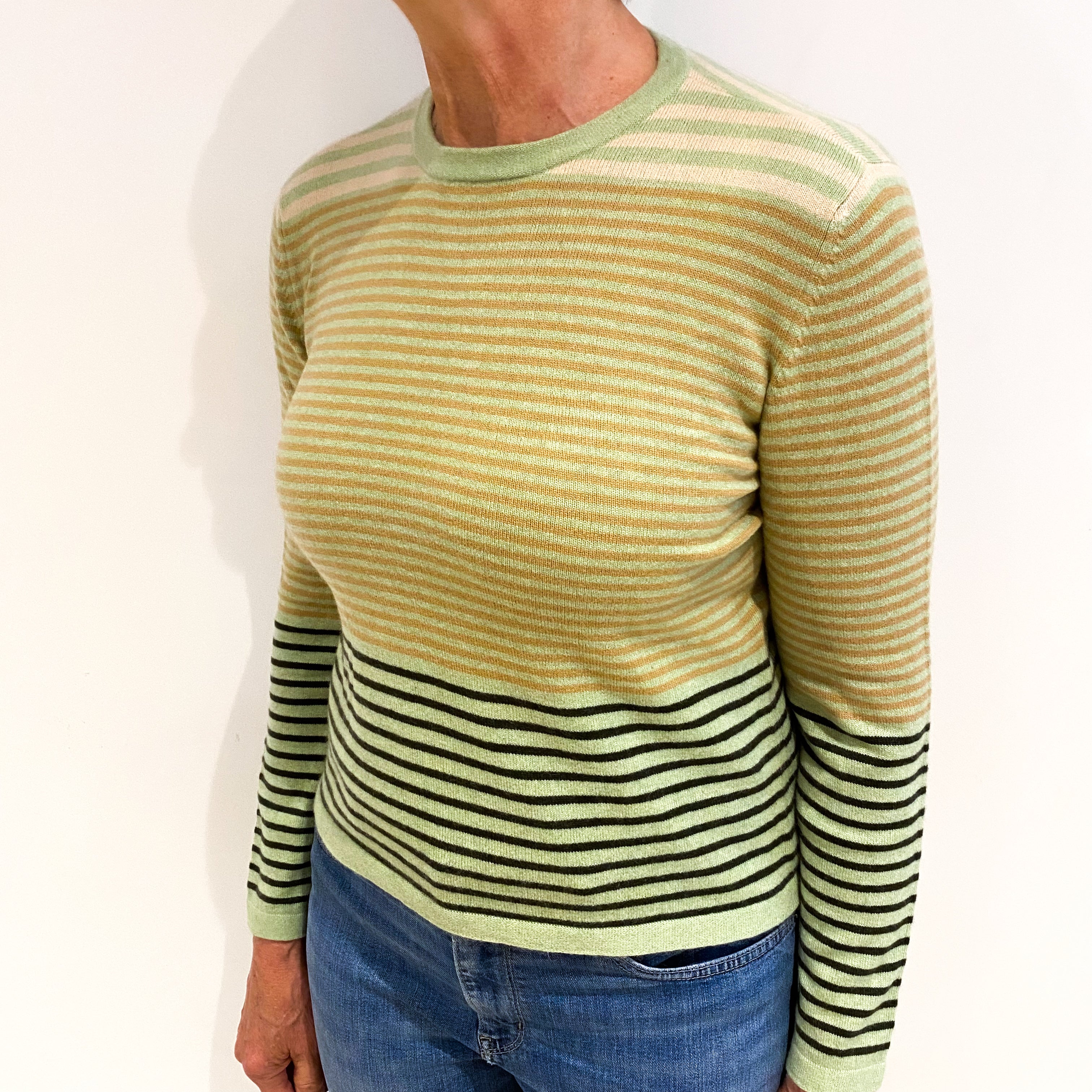 Pear Green Stripe Cashmere Crew Neck Jumper Medium