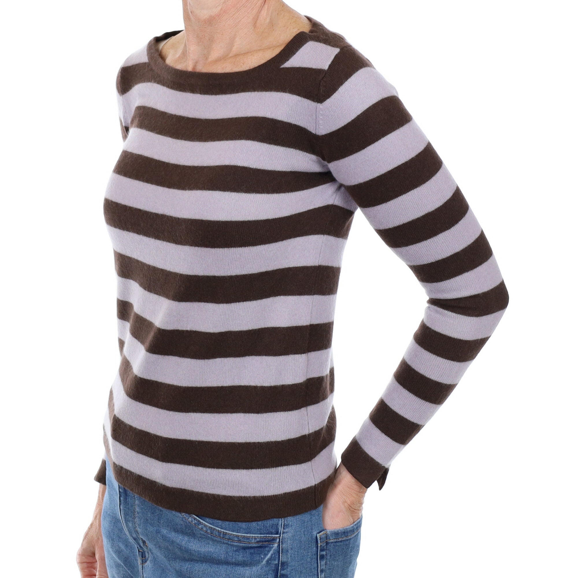 Thistle Purple and Brown Striped Cashmere Crew Neck Jumper Small