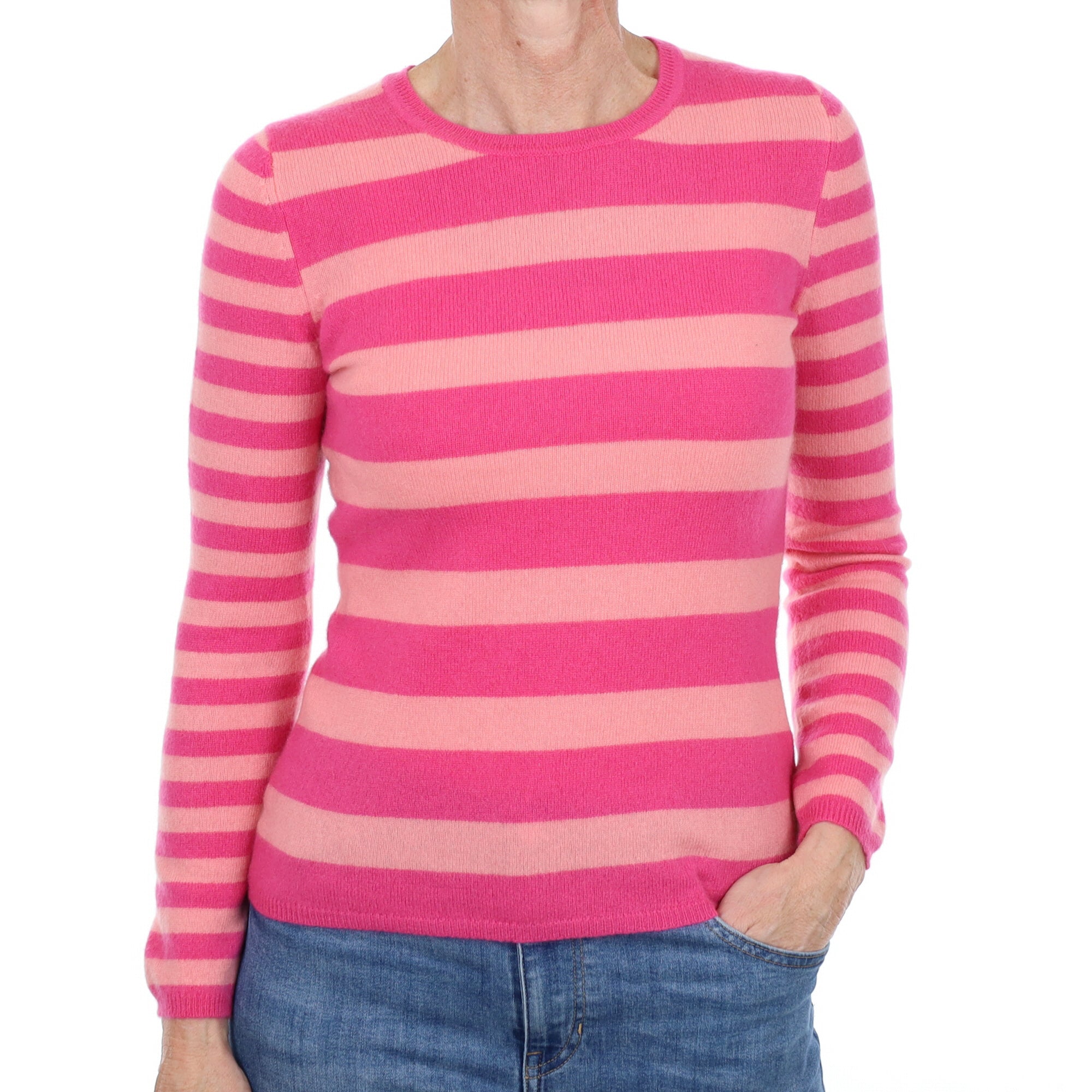 Rose Pink and Coral Striped Cashmere Crew Neck Jumper Small
