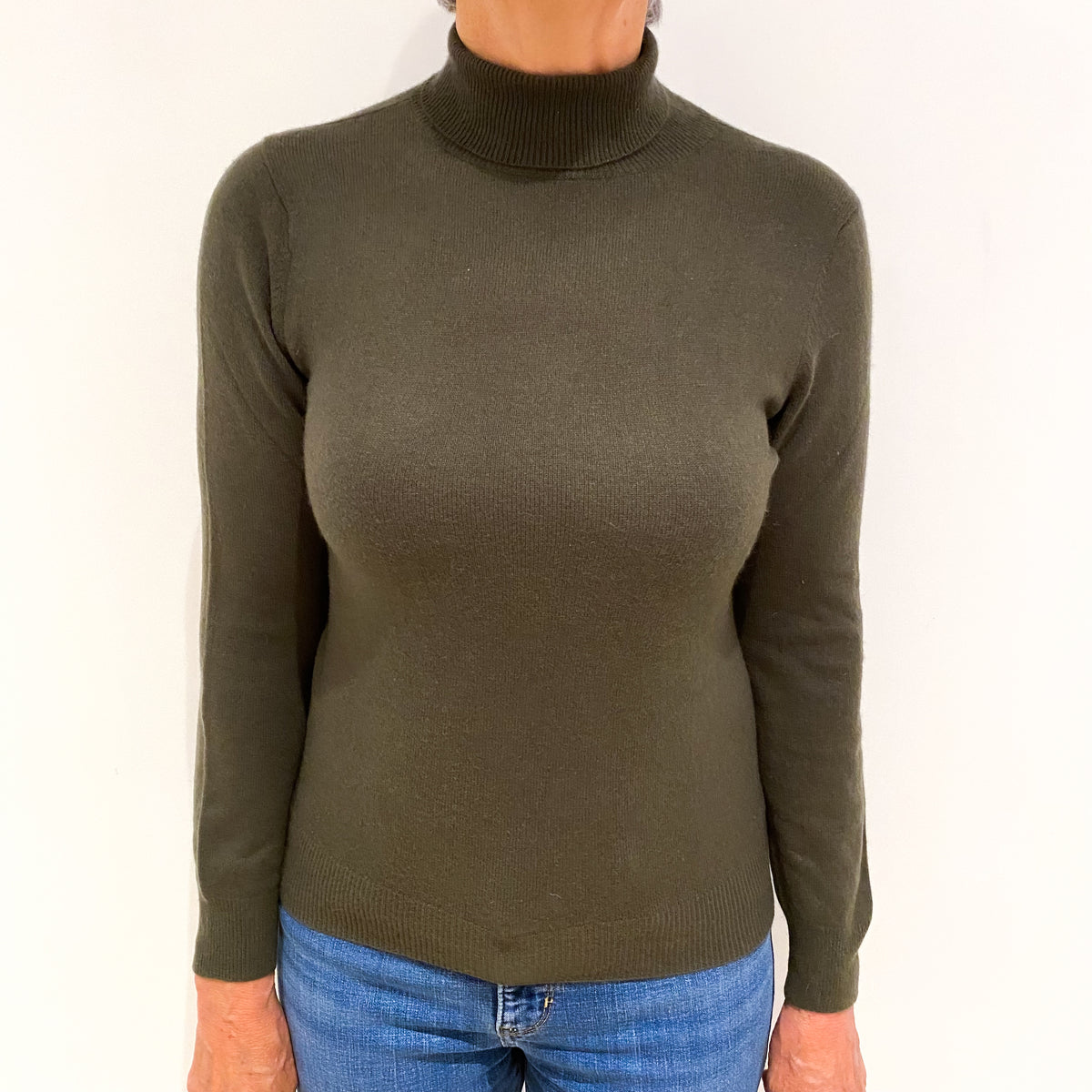 Seaweed Green Cashmere Polo Neck Jumper Medium