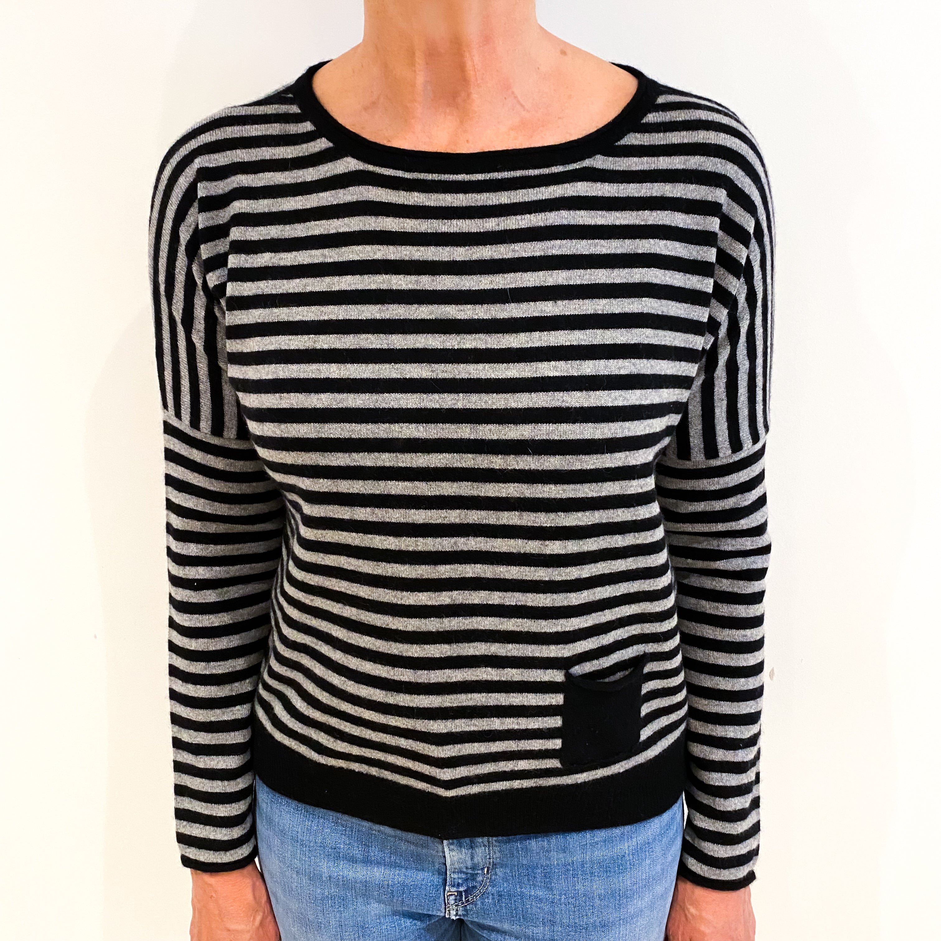 Black And Grey Striped Cashmere Crew Neck Jumper Medium