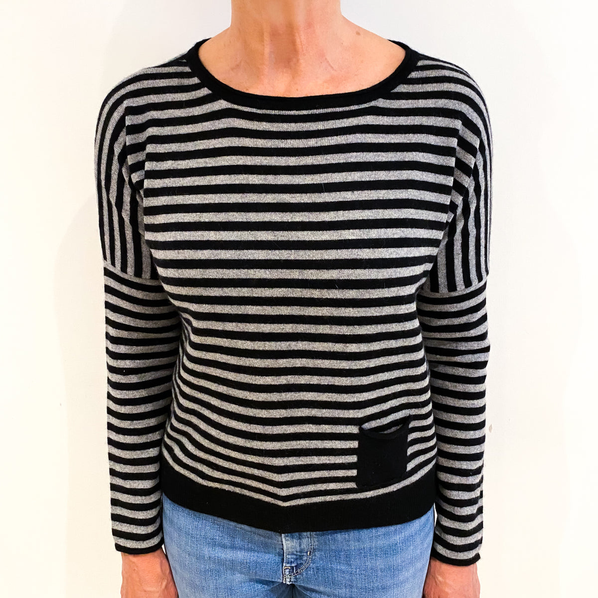 Black And Grey Striped Cashmere Crew Neck Jumper Medium