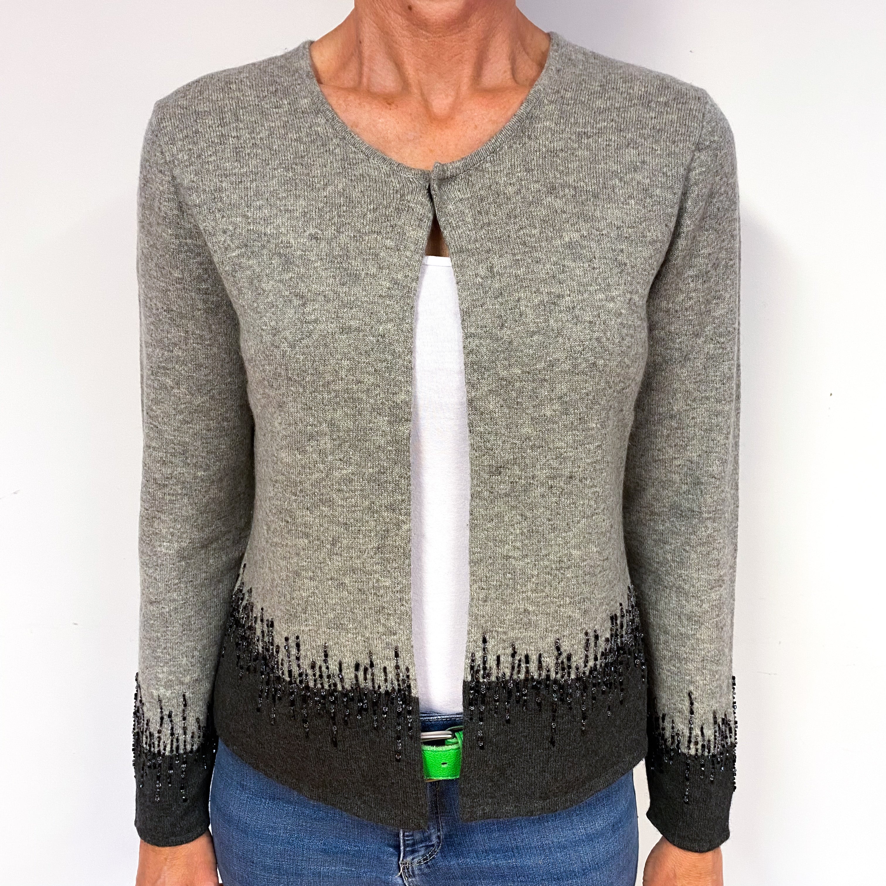 Ash and Slate Grey Embellished Cashmere Crew Neck Cardigan Medium