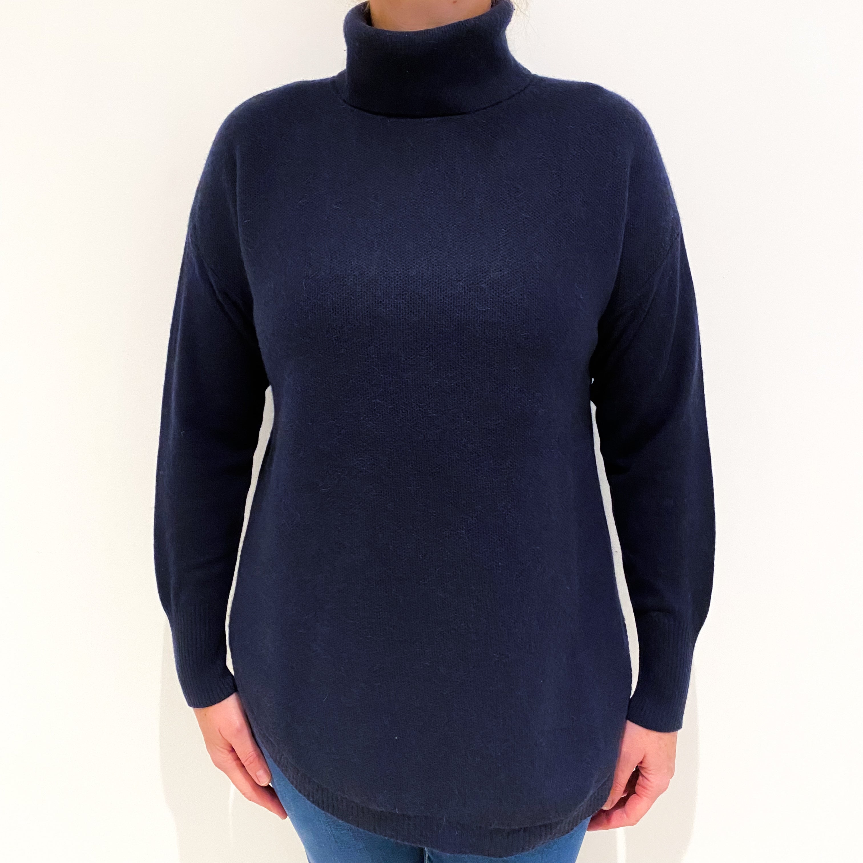 Navy Blue Heavy Knit Cashmere Polo Neck Jumper Large