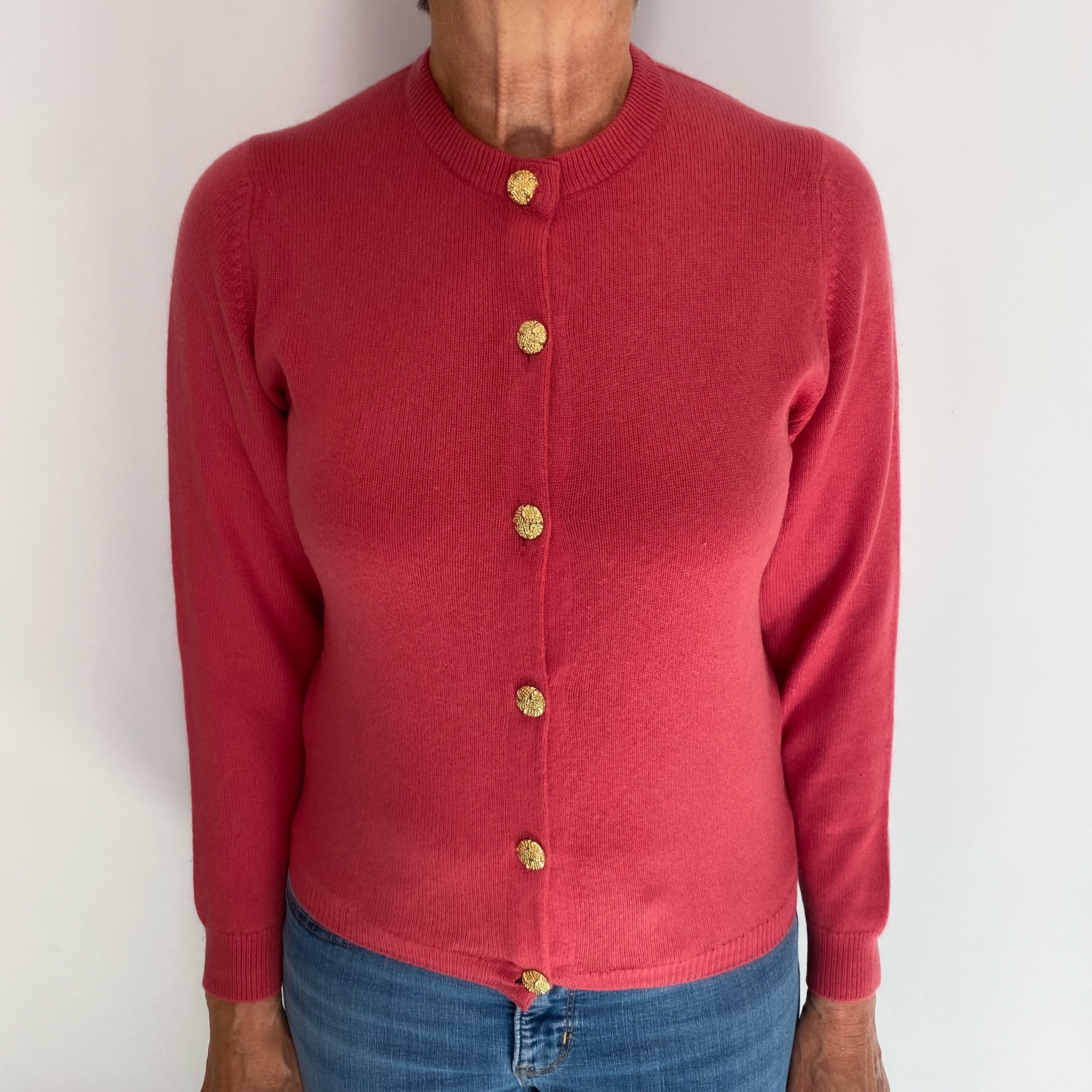 Deep Coral Pink Cashmere Crew Neck Cardigan Medium