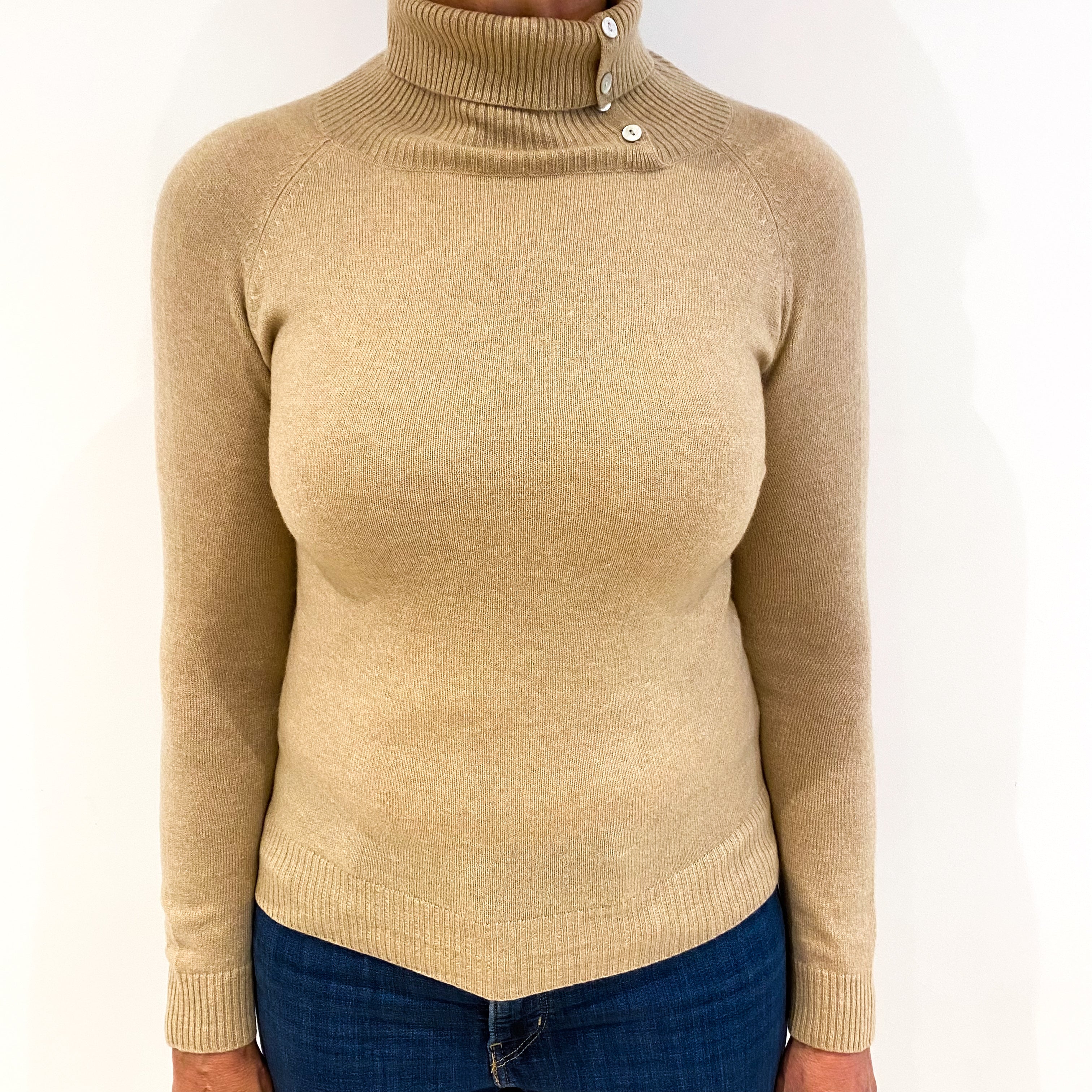 Sand Brown Cashmere Polo Neck Jumper Medium