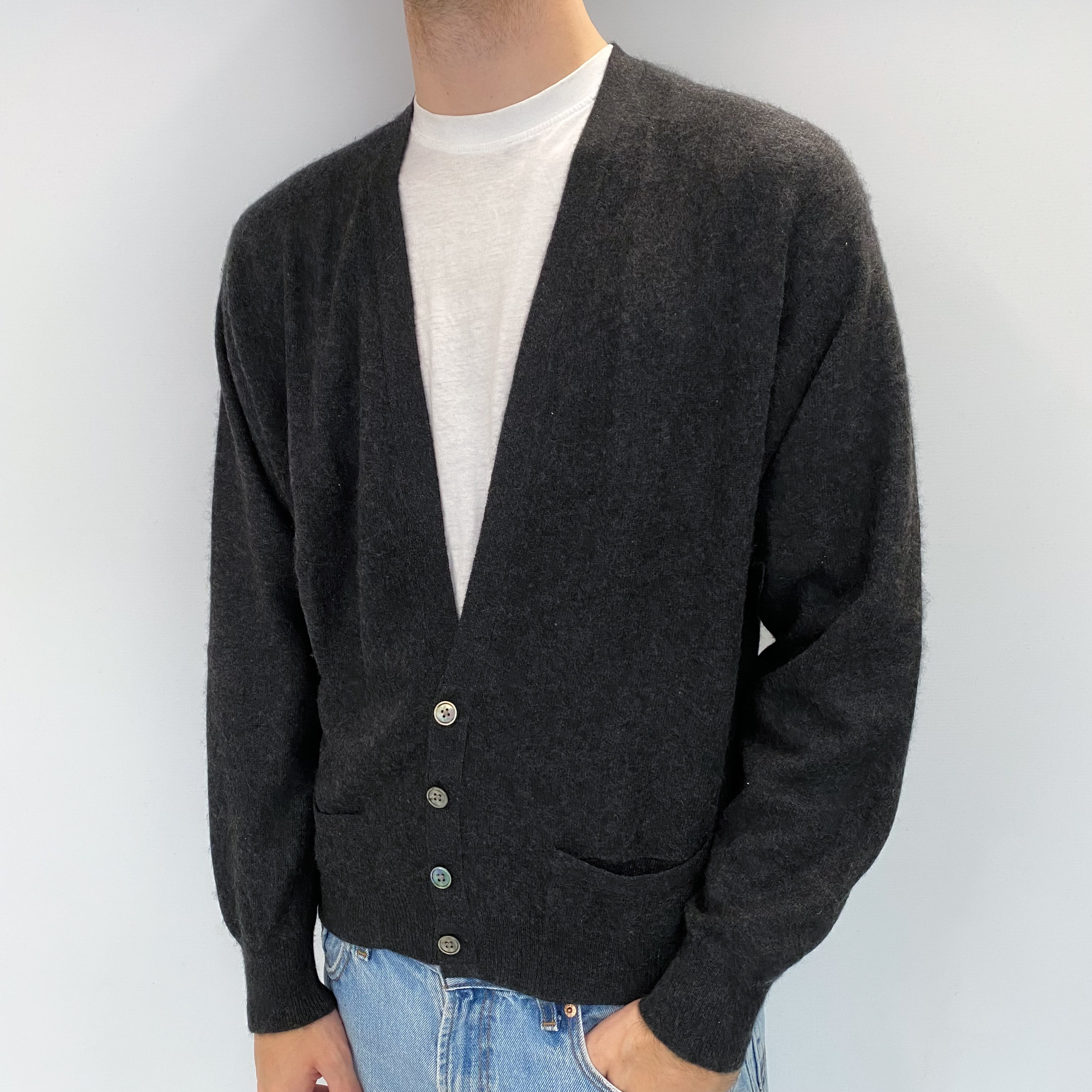 Men's Vintage Pringle Charcoal Cashmere V Neck Cardigan Large