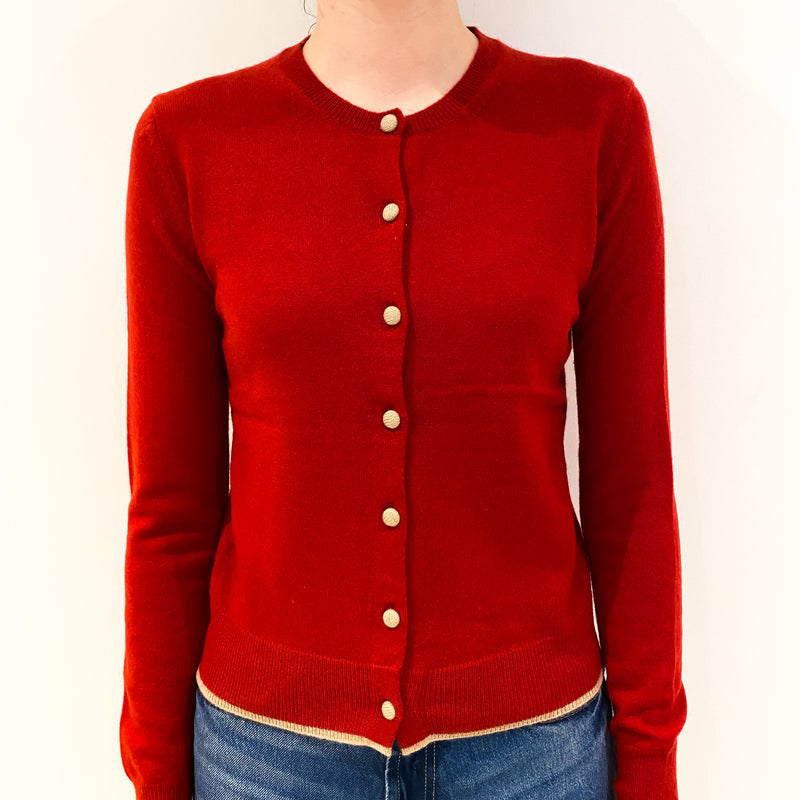 Postbox Red Cashmere Cardigan with Beige Trim Extra Small