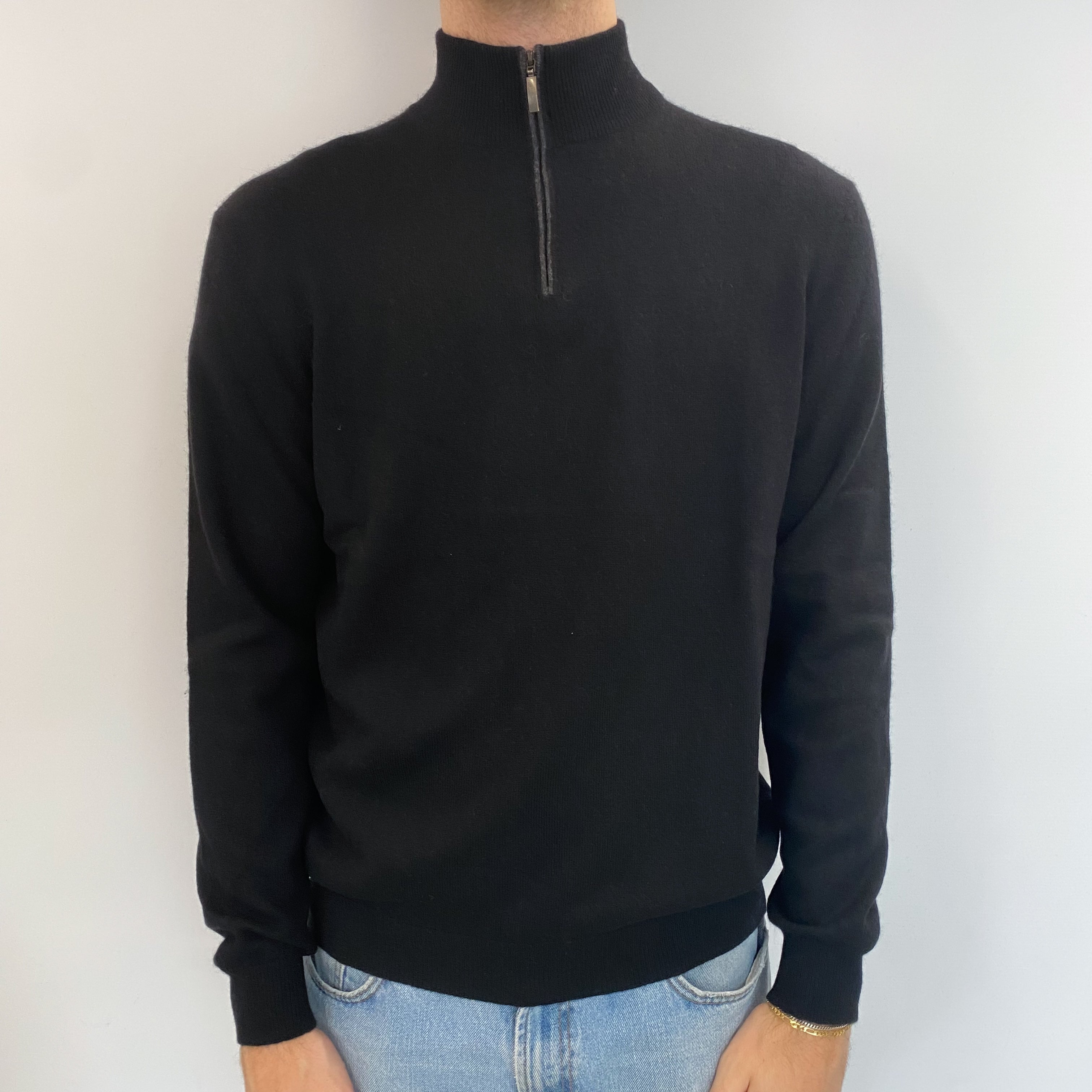 Men's Black Cashmere 1/4 Zip Jumper Medium