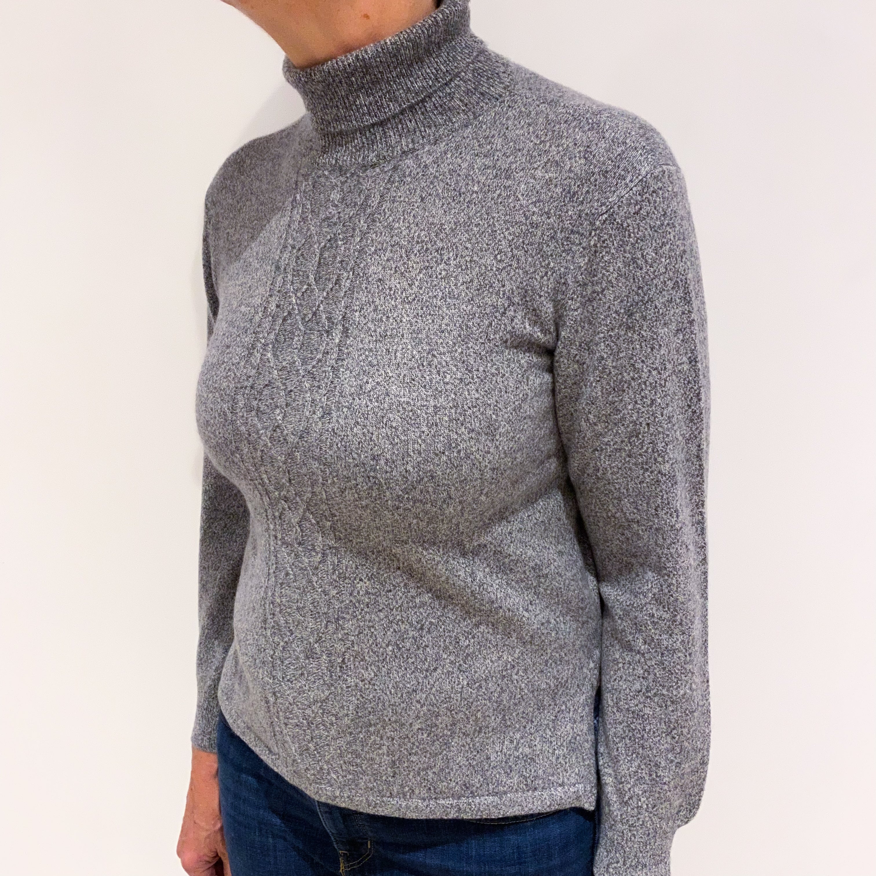 Smoke Grey Side Slit Cable Front Cashmere Polo Neck Jumper Medium