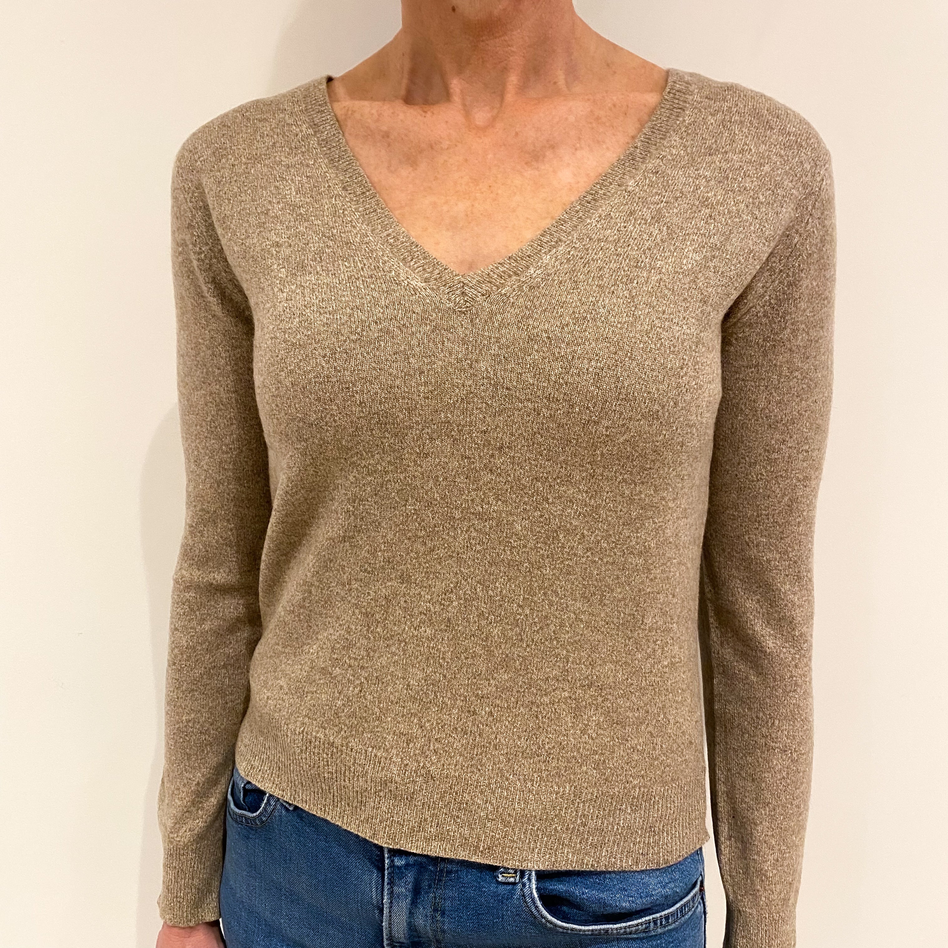 Mink Brown Marl Cashmere V Neck Jumper Small