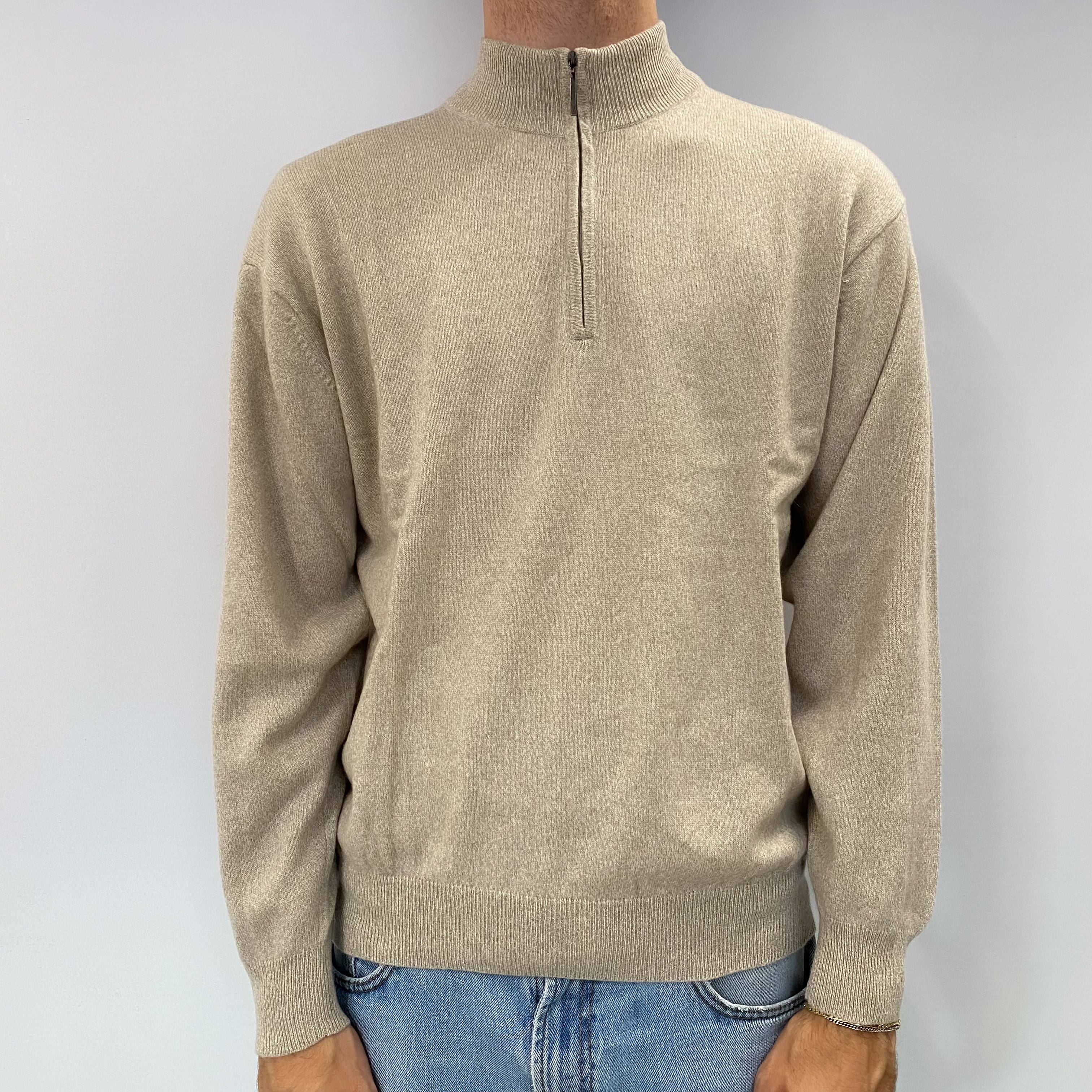 Men's Fawn Beige Cashmere 1/4 Zip Jumper Large
