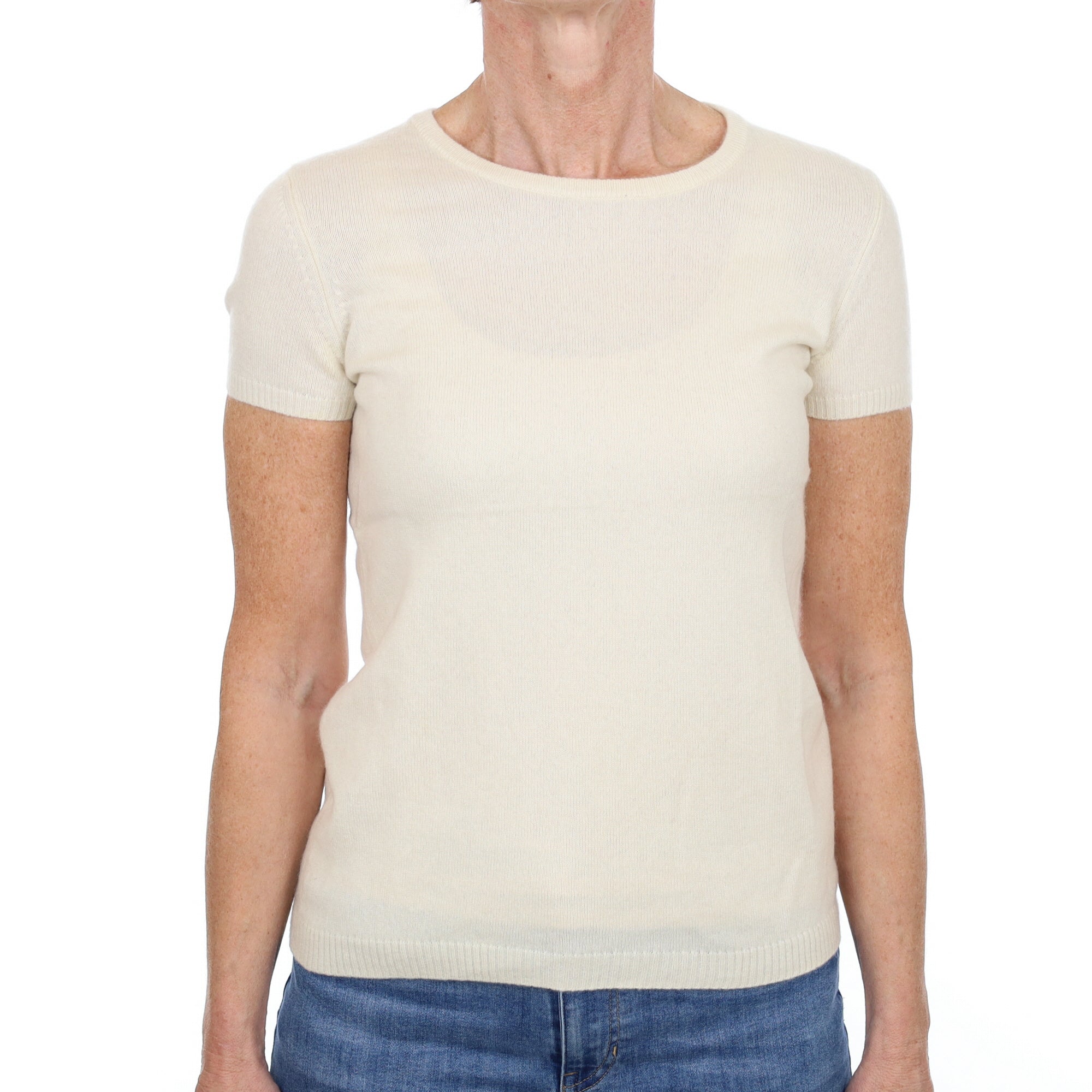 Vanilla Cream Cashmere Crew Neck Short Sleeved Jumper Small