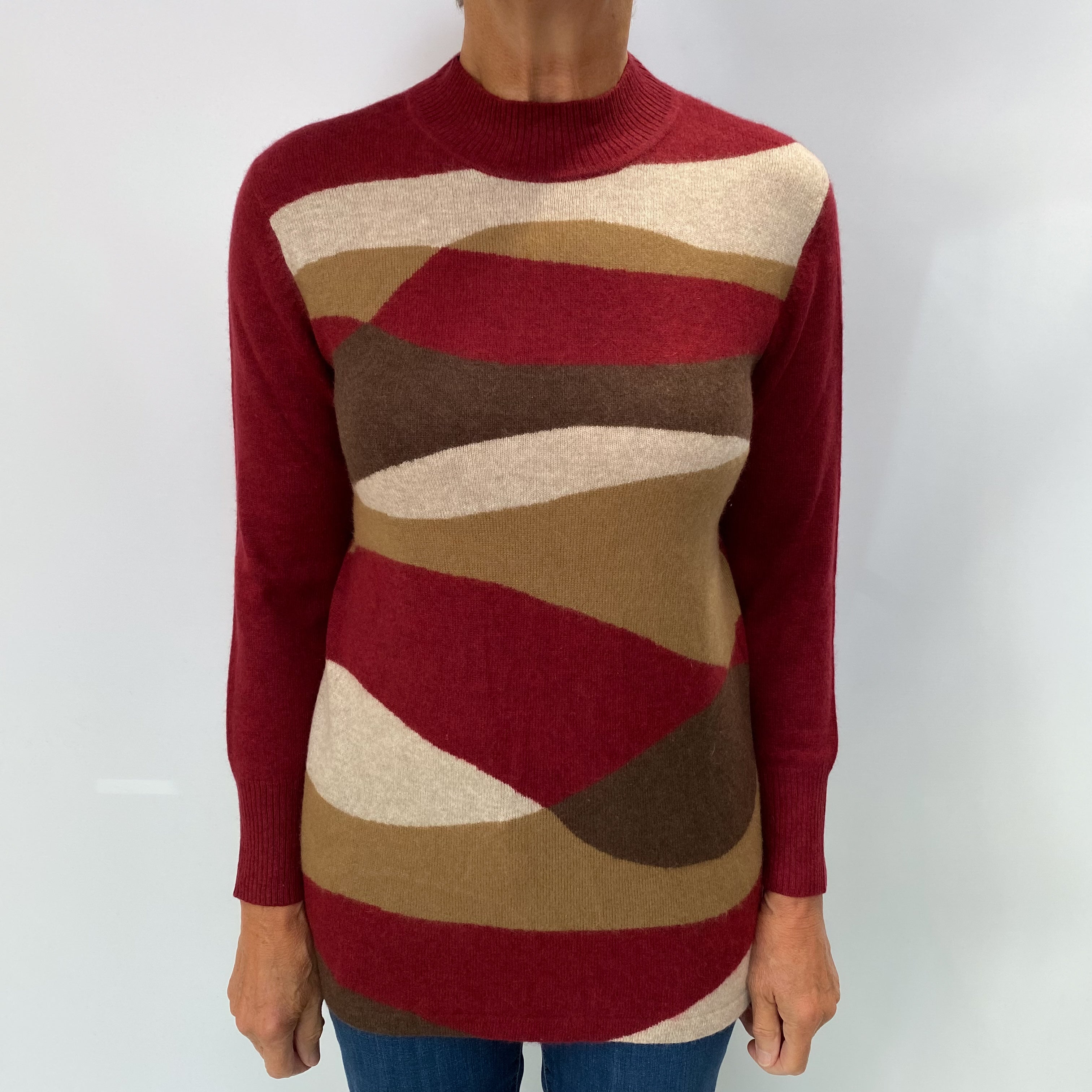 Burgundy and Mocha Colour Block Cashmere Turtle Neck Jumper Medium