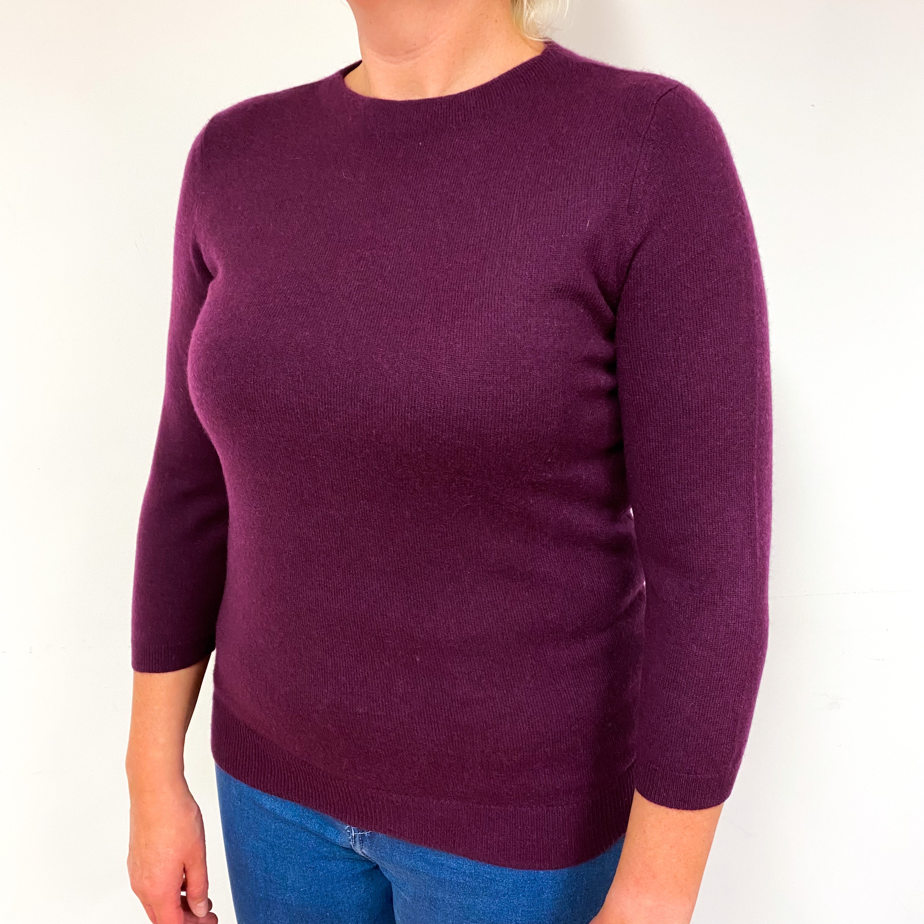 Plum Purple 3/4 Sleeve Cashmere Crew Neck Jumper Large