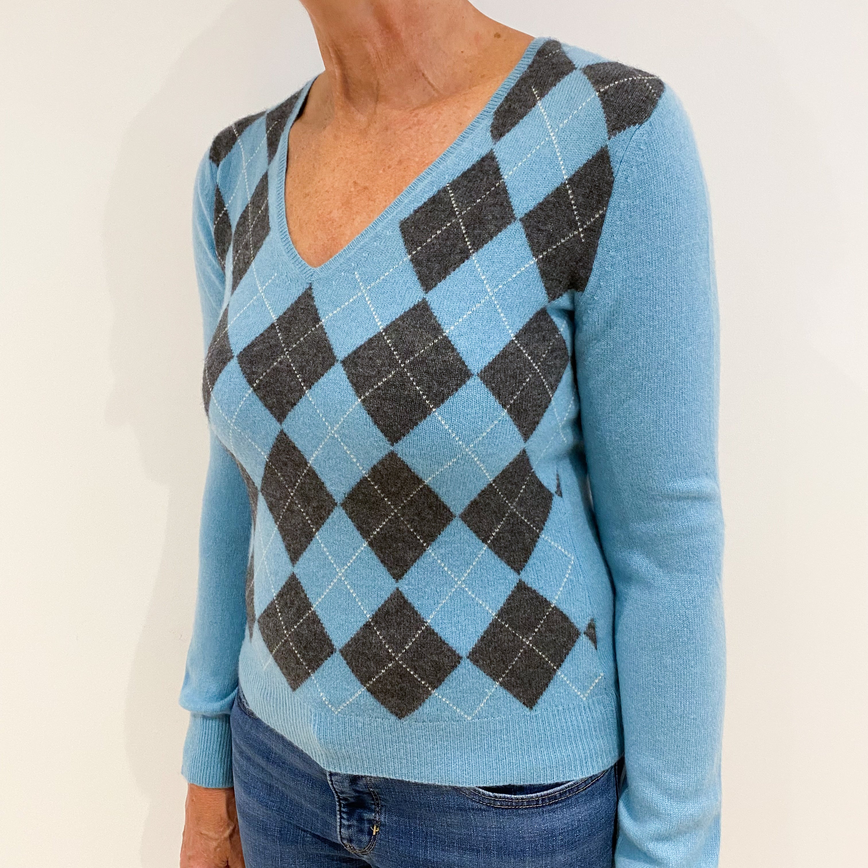 Aqua Blue Argyle Cashmere V-Neck Jumper Medium