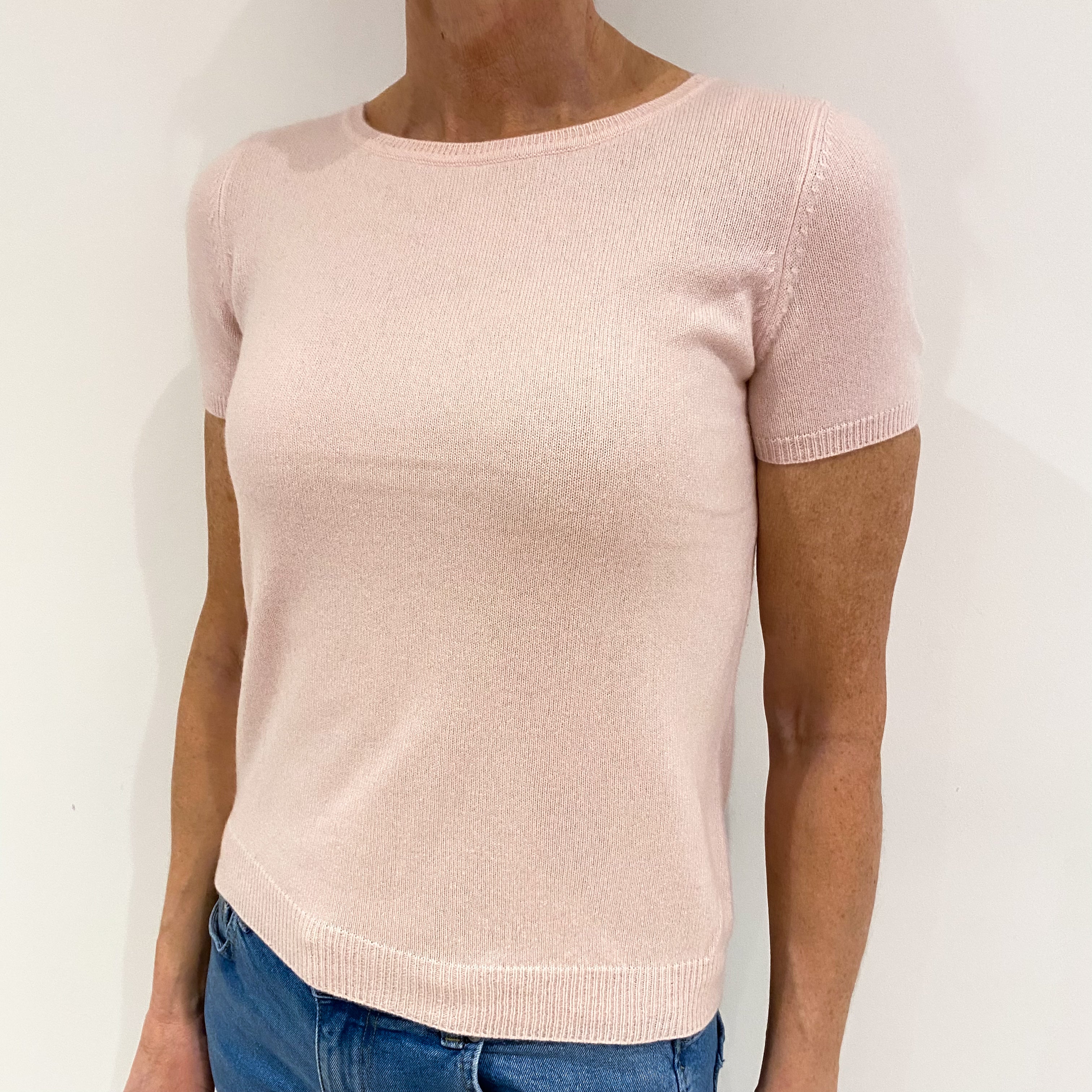 Shell Pink Cashmere Short Sleeve Crew Neck Jumper Small
